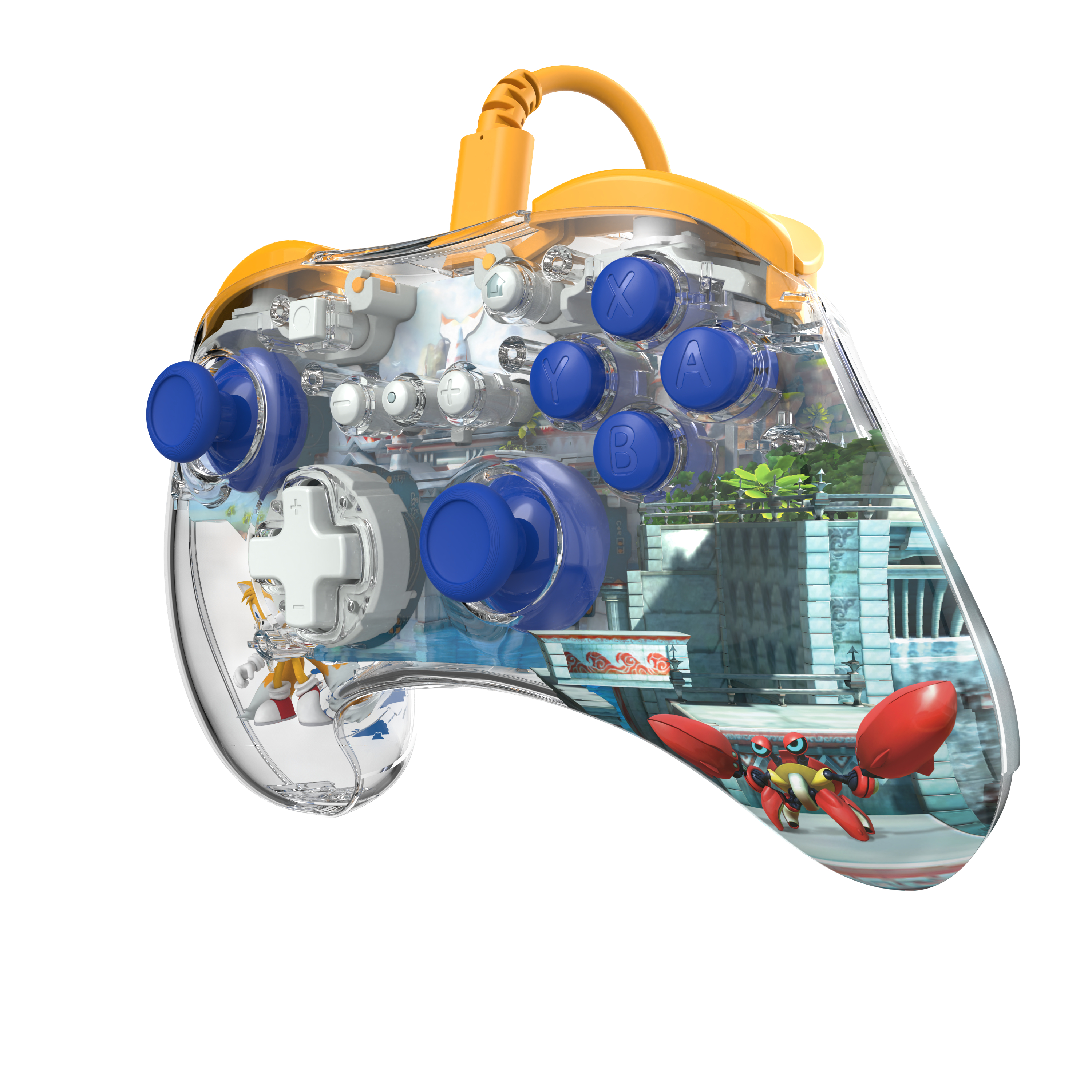 Przezroczysty kontroler do gier z niebieskimi przyciskami i wyraźnym obrazem sceny z gry w środku.