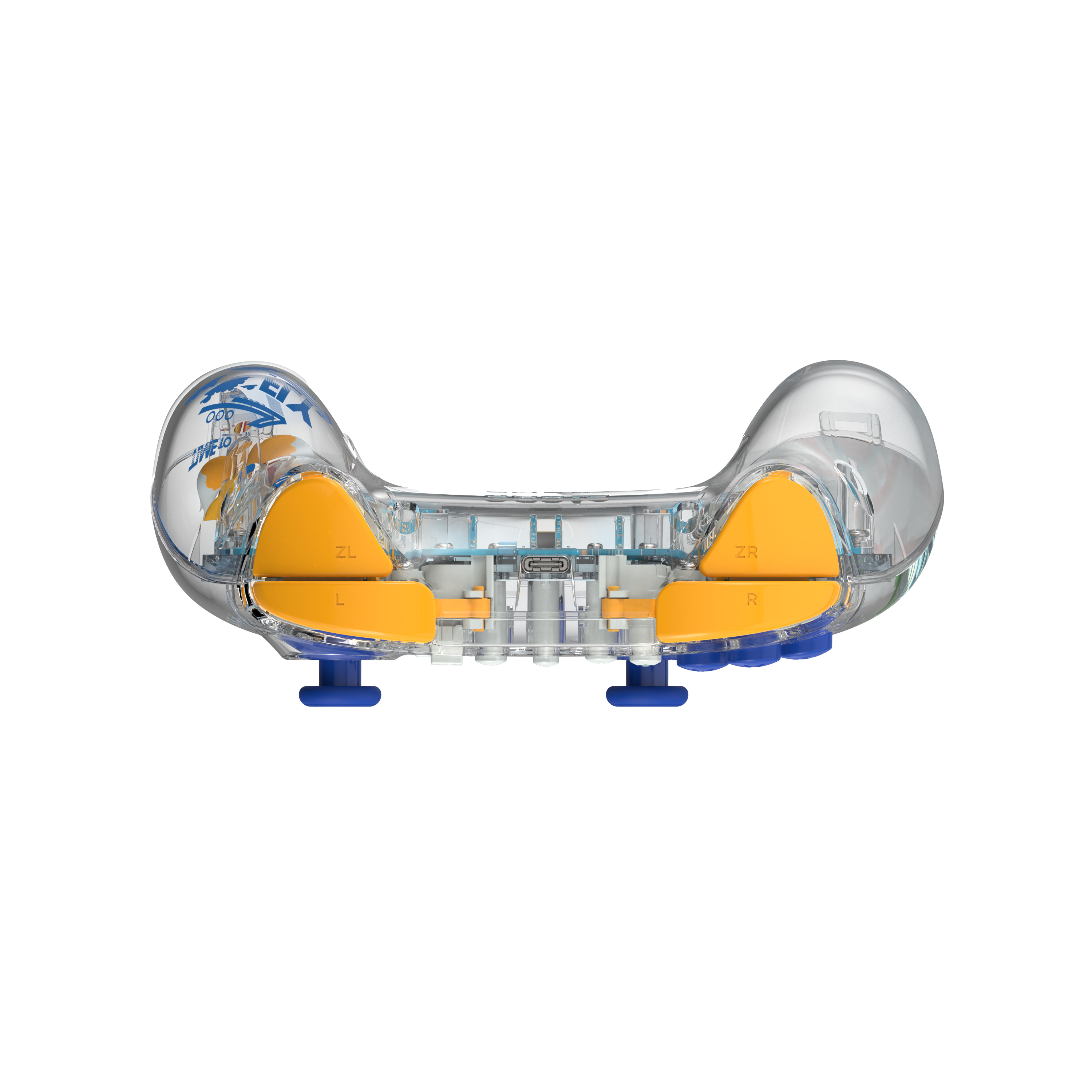 Przezroczysty kontroler do gier z pomarańczowymi, niebieskimi przyciskami i przezroczystą obudową.