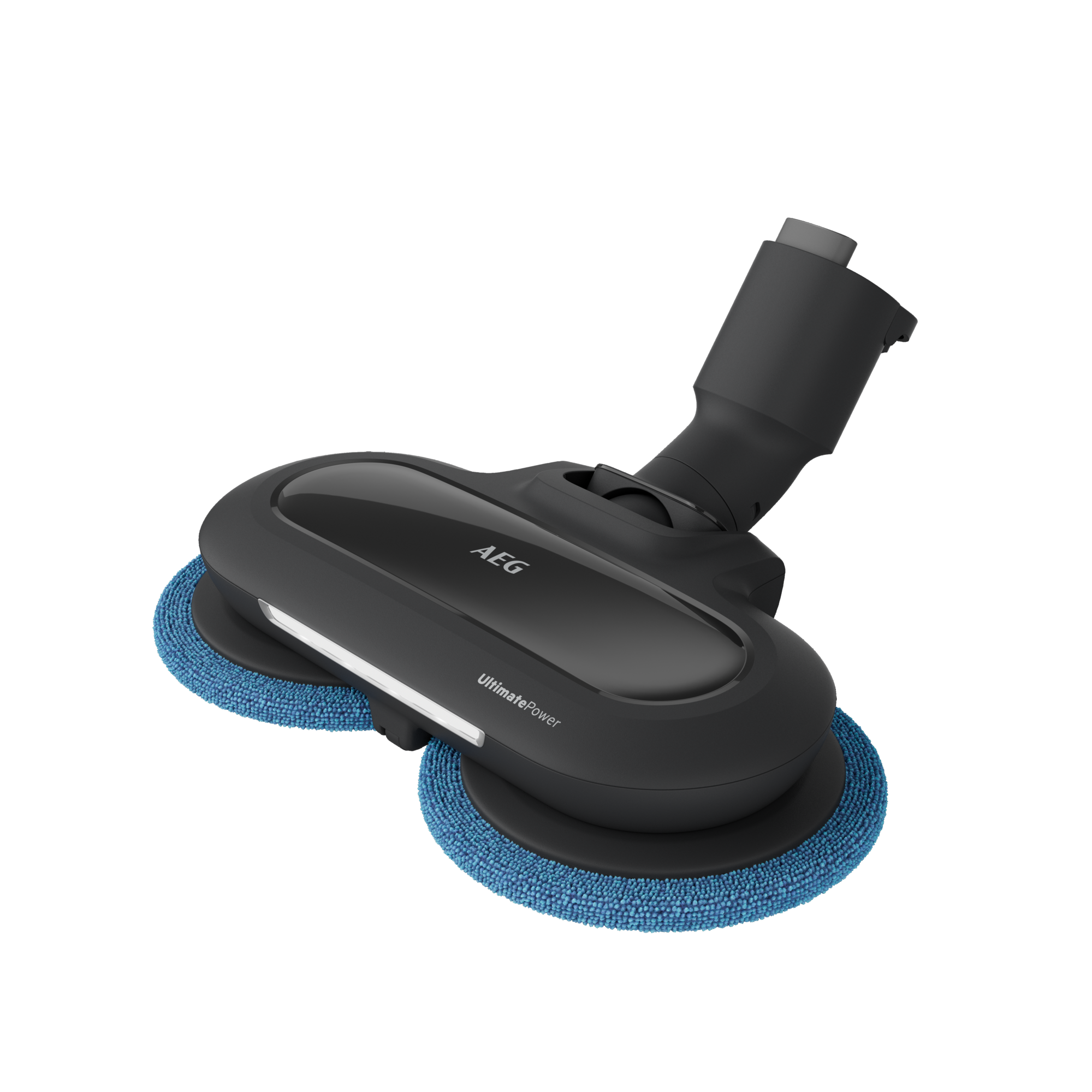 Testina di pulizia AEG UltimatePower con tamponi blu su sfondo nero.
