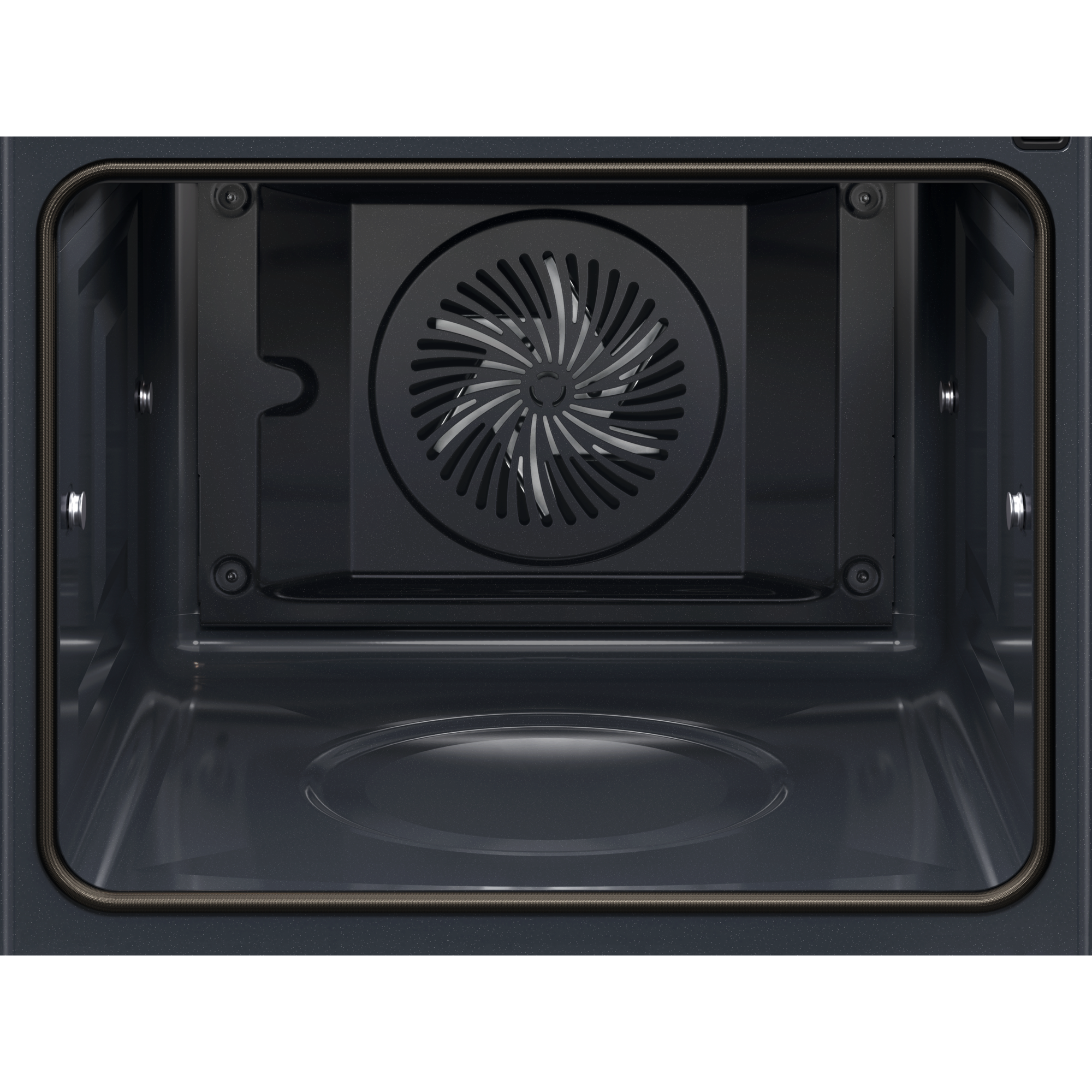 Binnenkant van een oven. De afbeelding toont de ventilator en de interieurdetails van de oven.