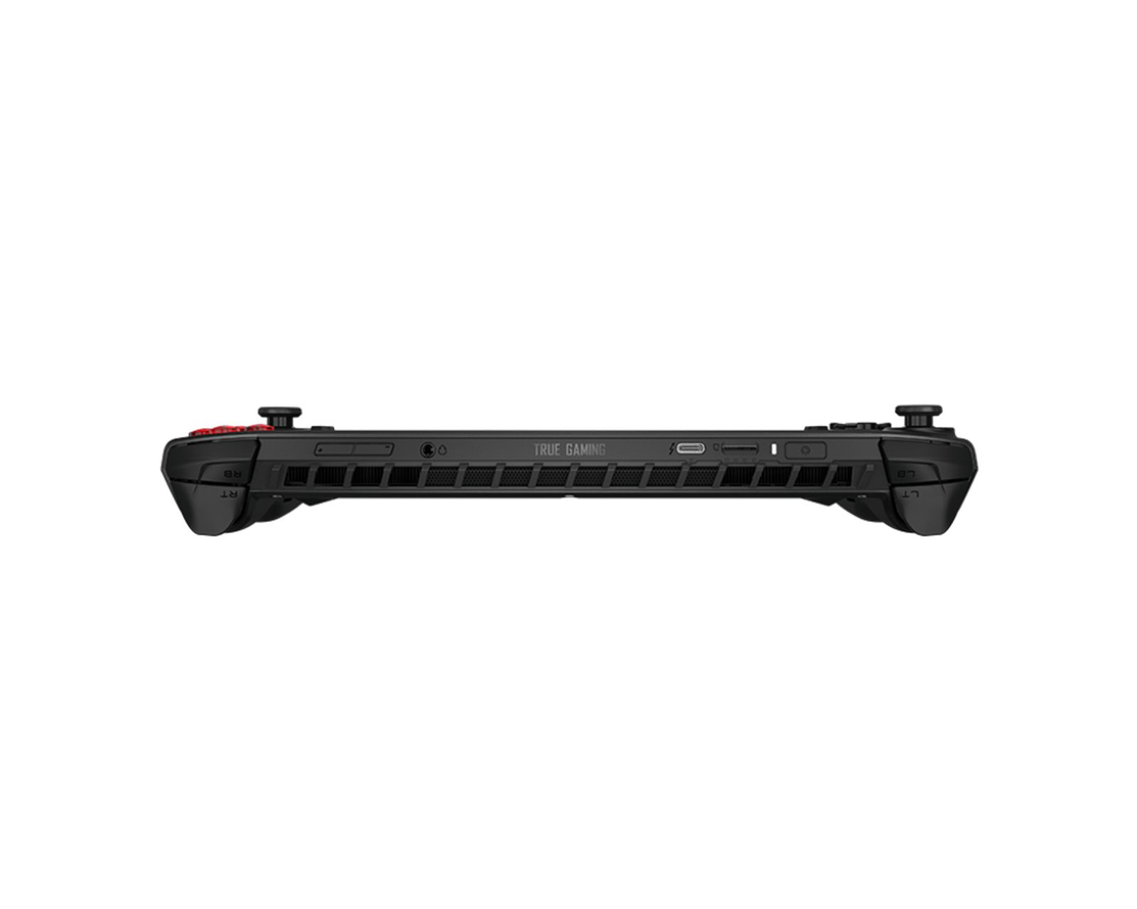 Ein Handheld-Gaming-Gerät, schwarz, mit sichtbaren Knöpfen und Anschlüssen an den Seiten.