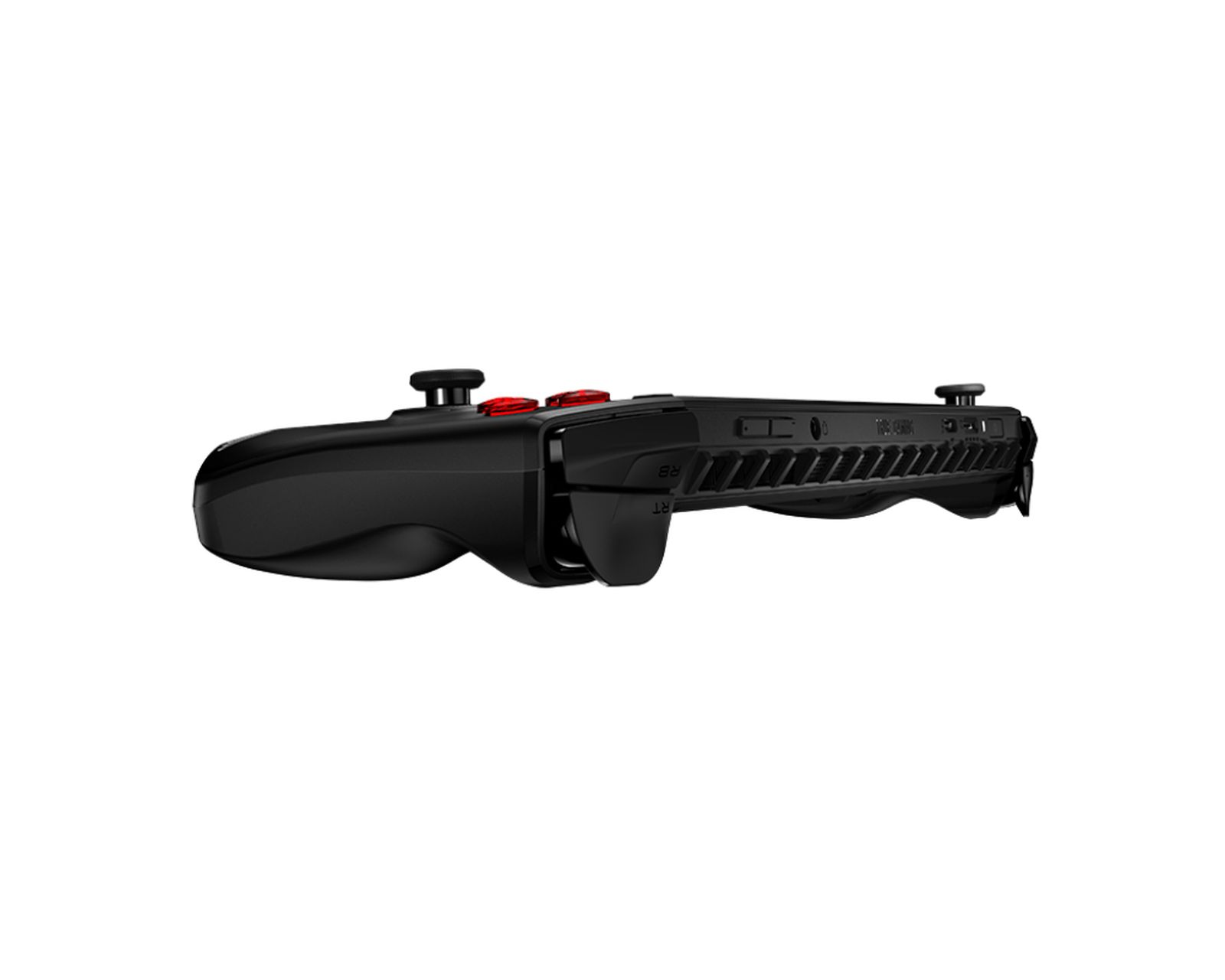 Schwarzer Gamecontroller mit roten Knöpfen, Seitenansicht.