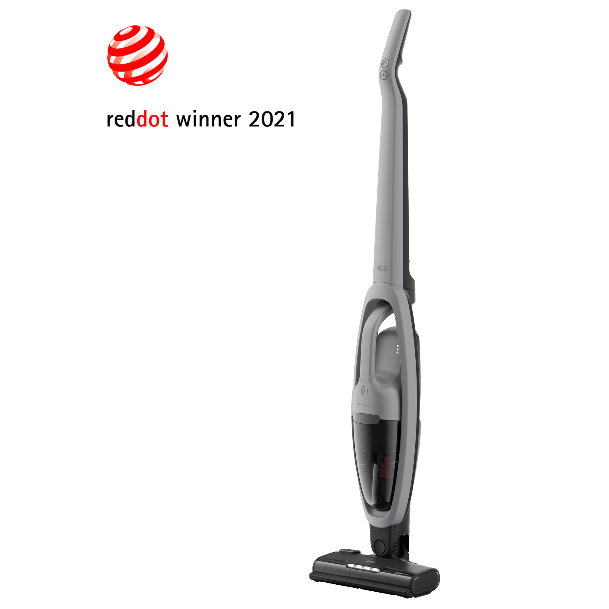Un aspirapolvere a bastone grigio con il logo red dot winner 2021.