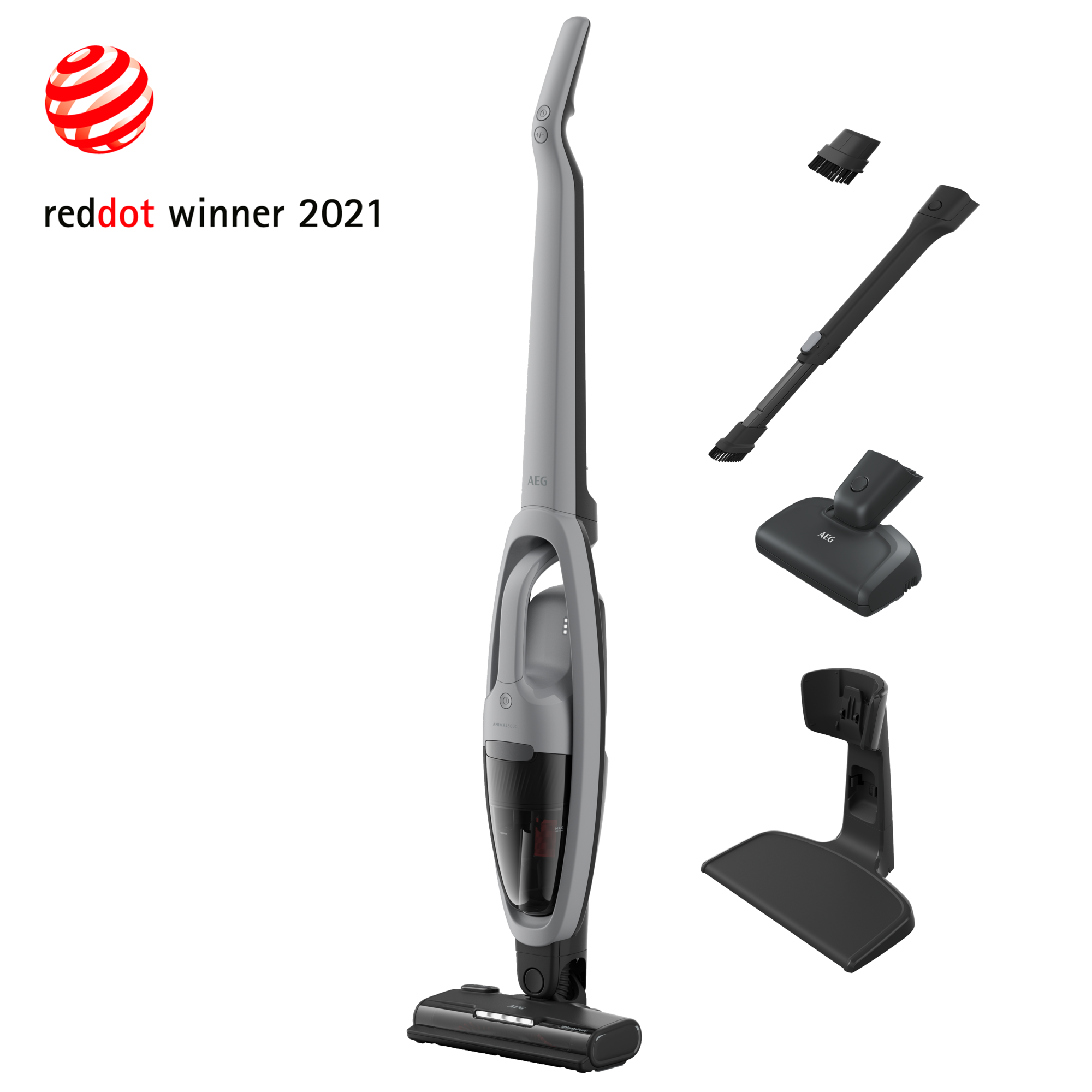 Un aspirapolvere senza filo grigio e i suoi accessori. Logo Reddot winner 2021 a sinistra.