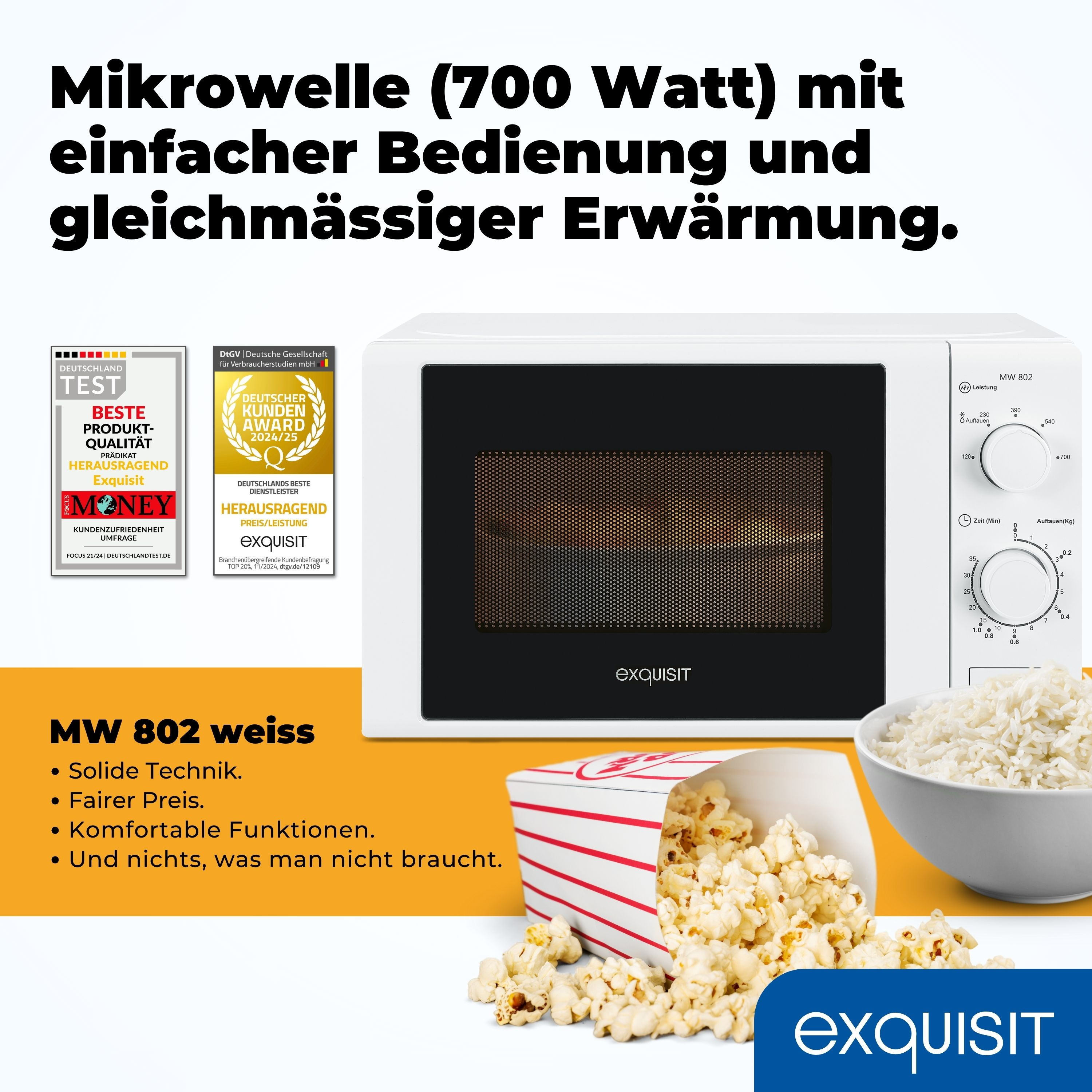 Weißes Mikrowellengerät mit Popcorn und Auszeichnungen, Text auf Deutsch.