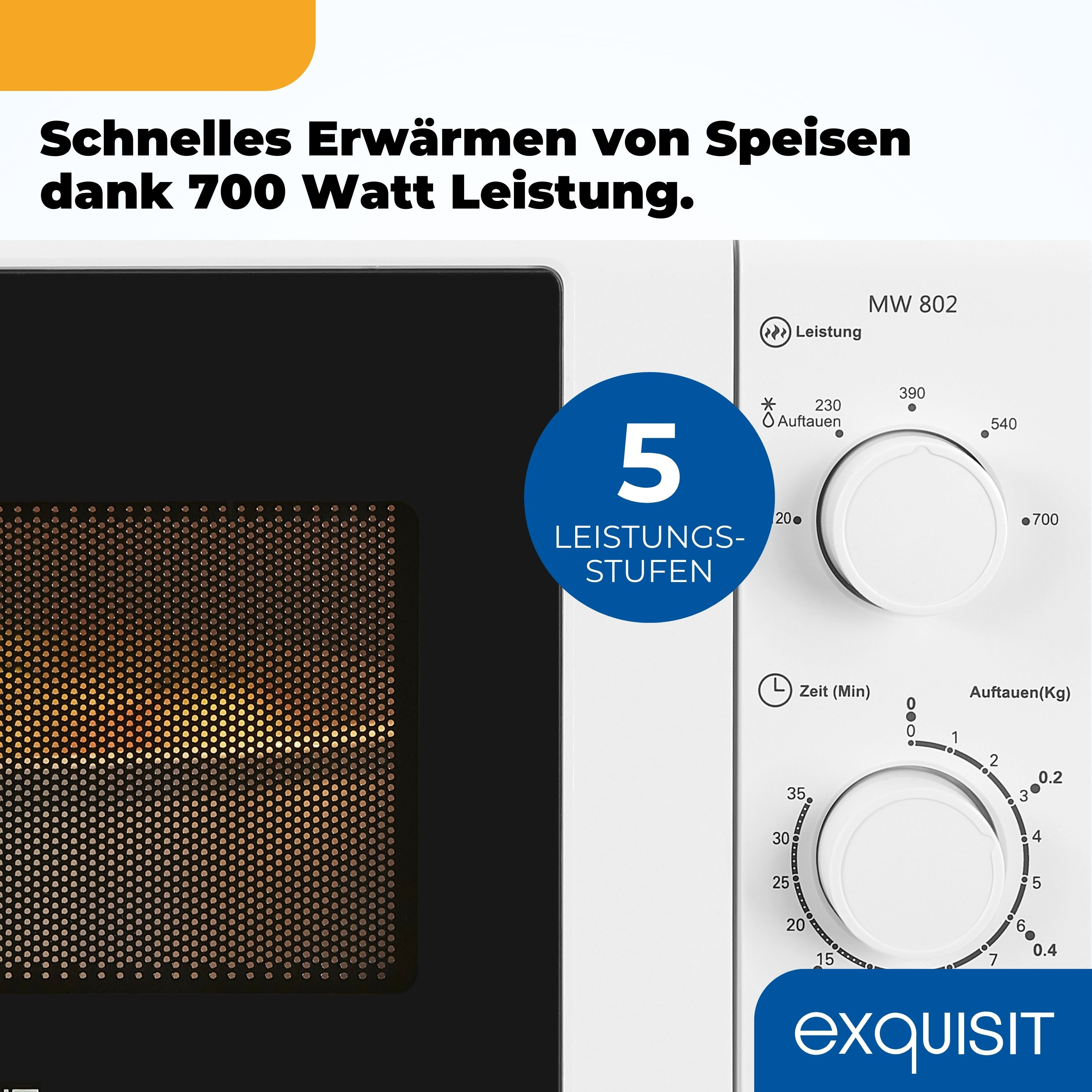 Weißes Mikrowellengerät mit Bedienknöpfen. Die Mikrowelle zeigt ein Essen im Inneren und einen Text mit 5 Leistungs-Stufen.