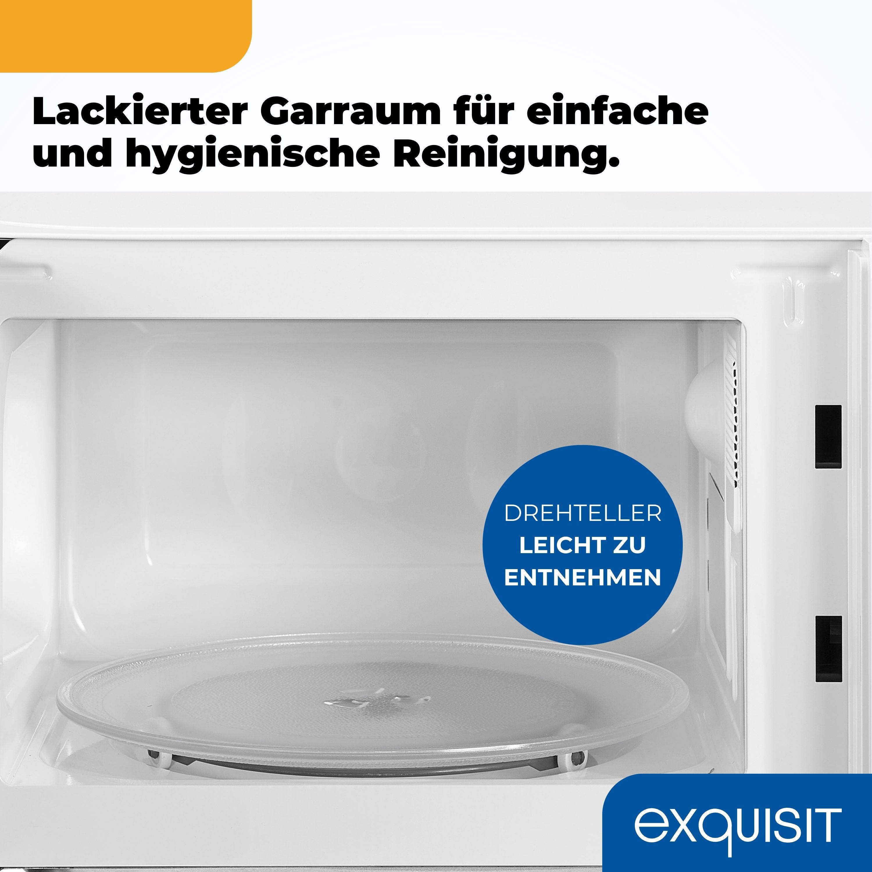 Mikrowellen-Innenraum. Glasteller innen. Text: 'Drehteller leicht zu entnehmen'.