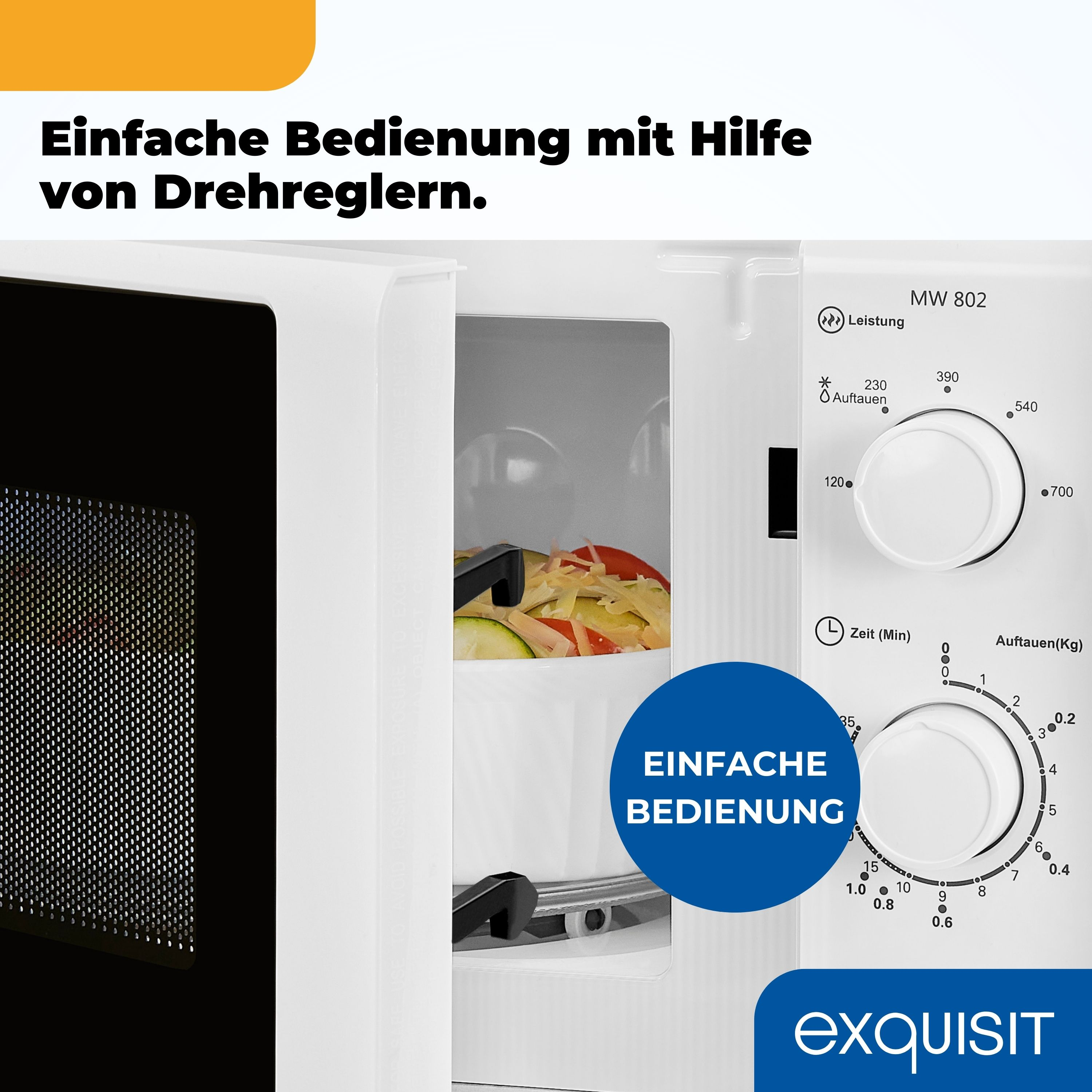 Ein weißer Mikrowellenherd mit offener Tür. Zeigt das Bedienfeld mit dem Text: Einfache Bedienung.