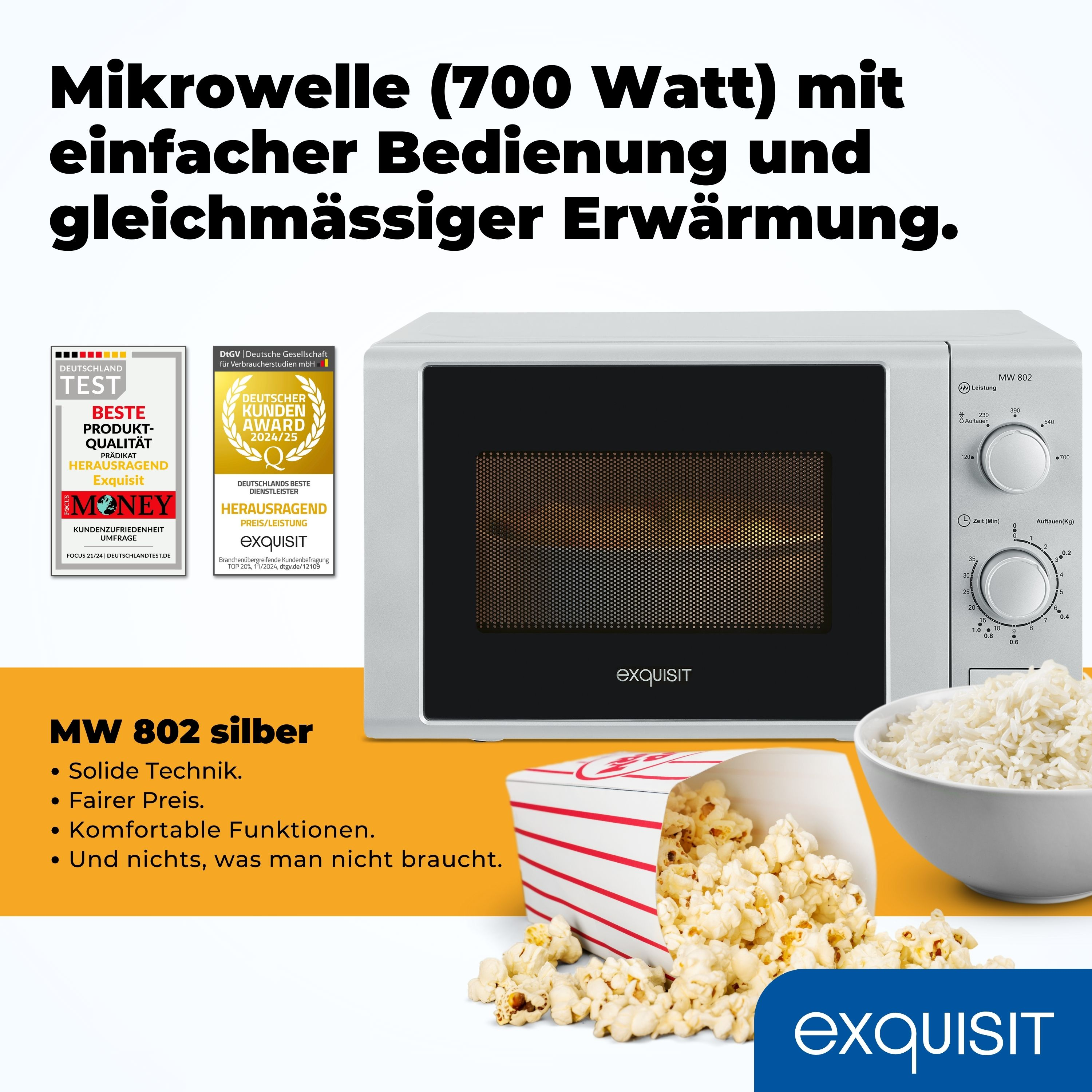 Eine Mikrowelle mit Popcorn und einer Schüssel Reis auf der Theke. Text oben beschreibt das Produkt.