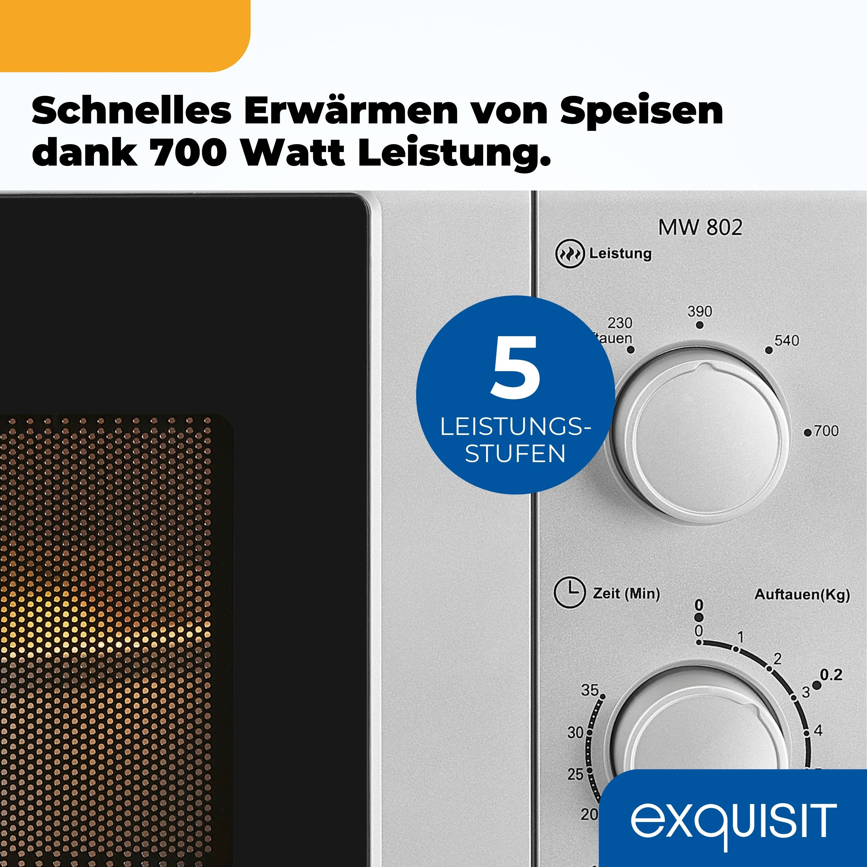 Ein Mikrowellen-Bedienfeld mit Drehregler, Knöpfen und Digitalanzeige. Es hat 5 Leistungsstufen.