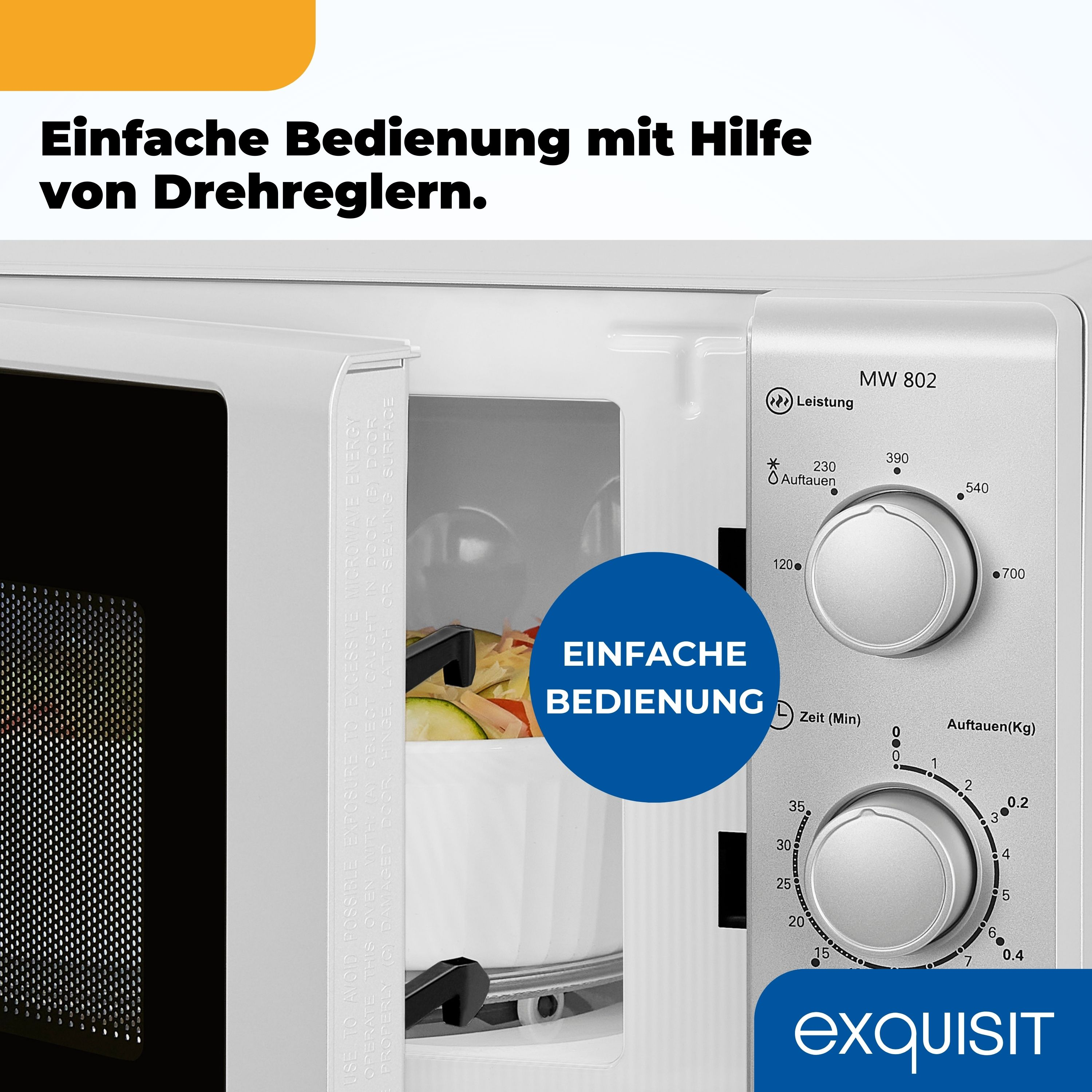 Ein Mikrowellenherd mit weißem Innenraum. Es gibt Drehregler und Knöpfe. Text sagt 'Einfache Bedienung'.