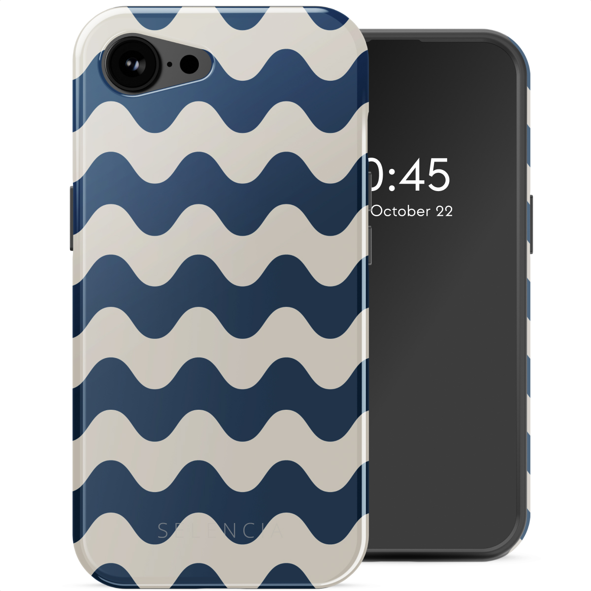 Smartphone avec coque à motif ondulé en bleu et beige.