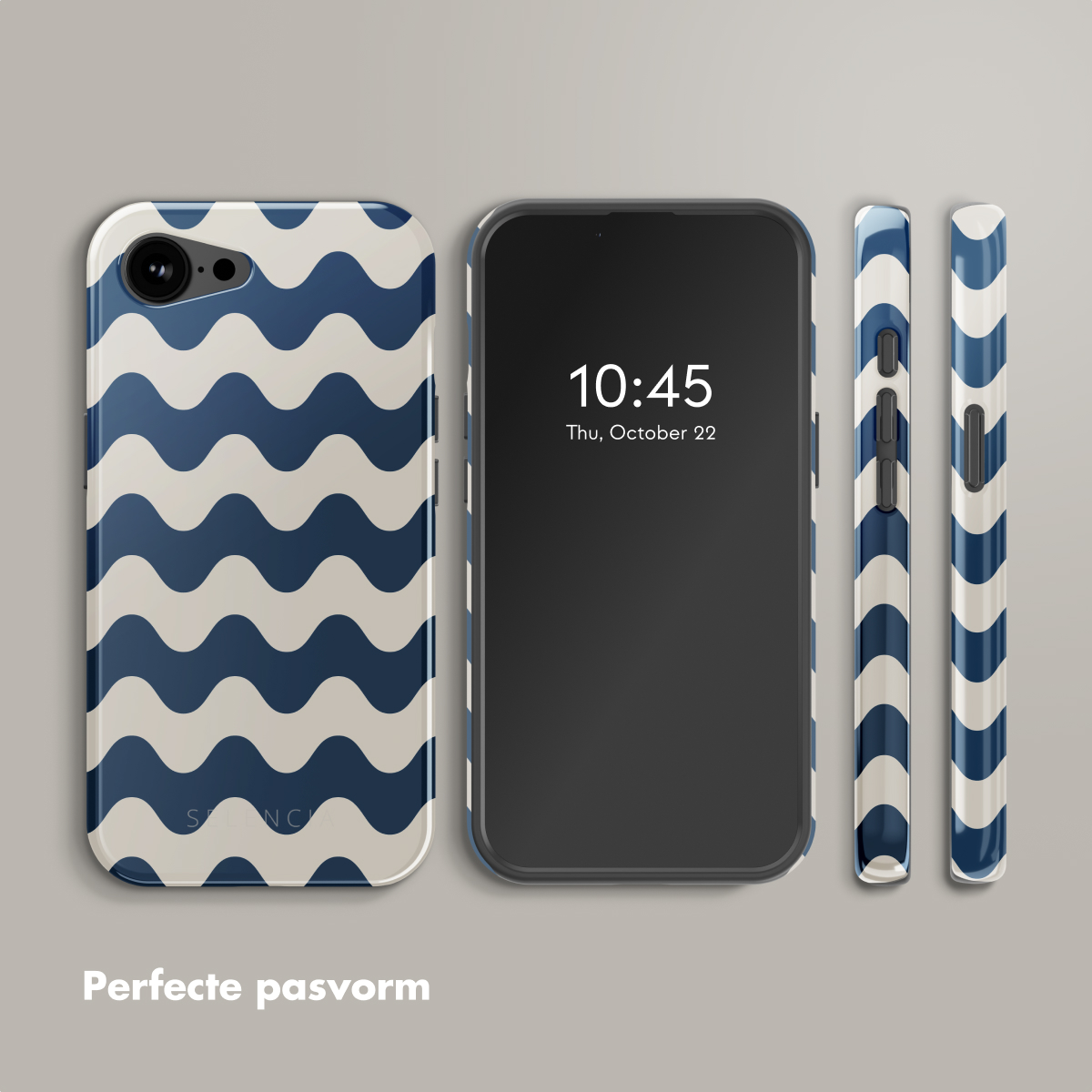 Coques de téléphone et un téléphone affichant l'heure et la date, avec un design ondulé et un ajustement parfait.