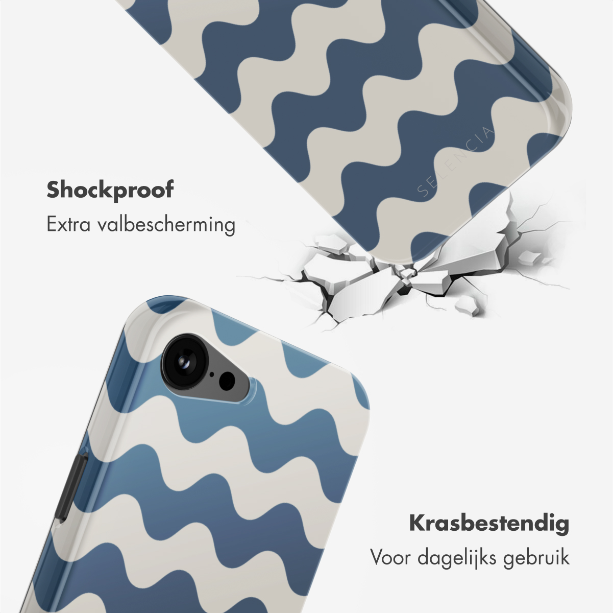 Deux coques de téléphone. L'une montre des vagues bleues, l'autre est brisée. Textes : Antichoc et Krasbestendig.