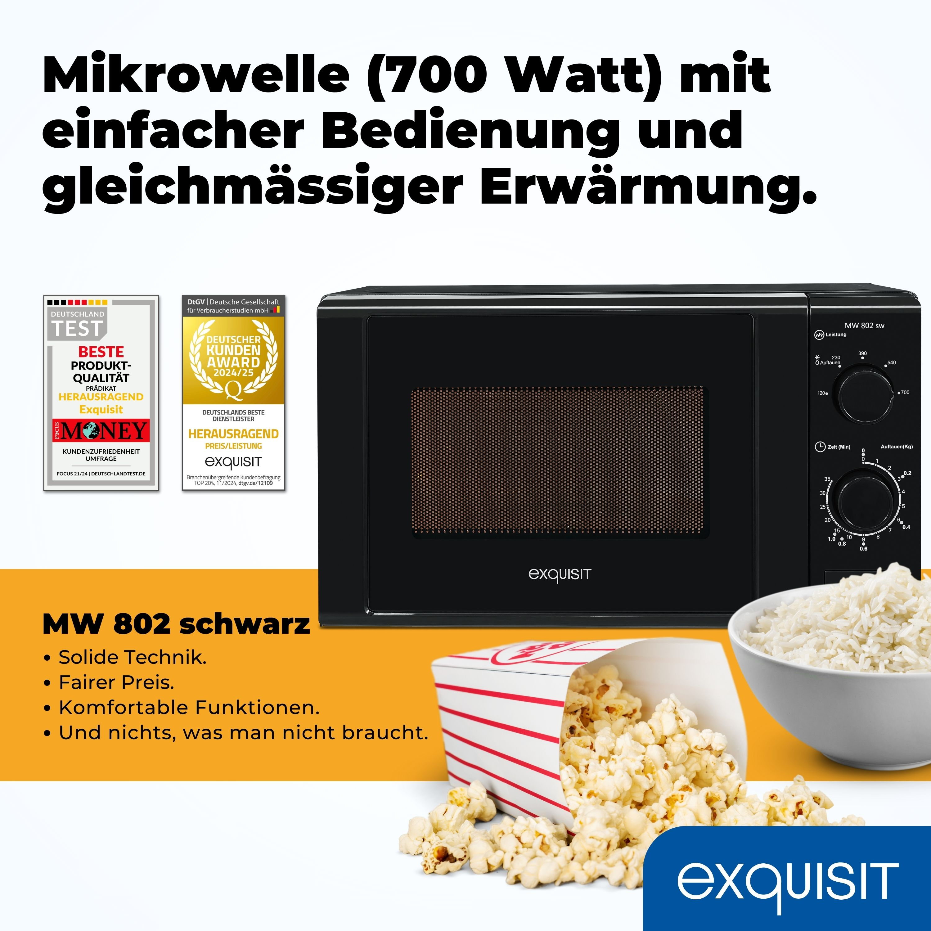 Schwarze Mikrowelle mit Auszeichnungen und Text. Popcorn aus einer Schachtel. Weiße Schüssel mit Reis. Exquisit Logo.