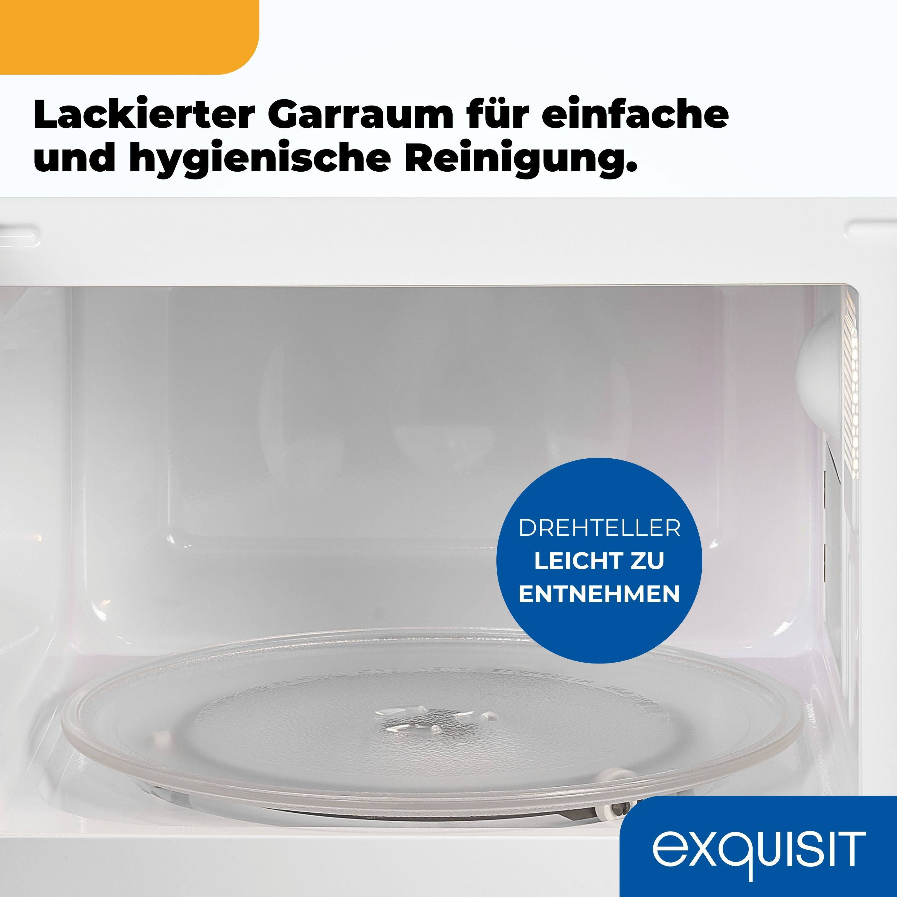 Innenraum einer Mikrowelle mit Glasplatte. Text auf Deutsch. Weißer Hintergrund.