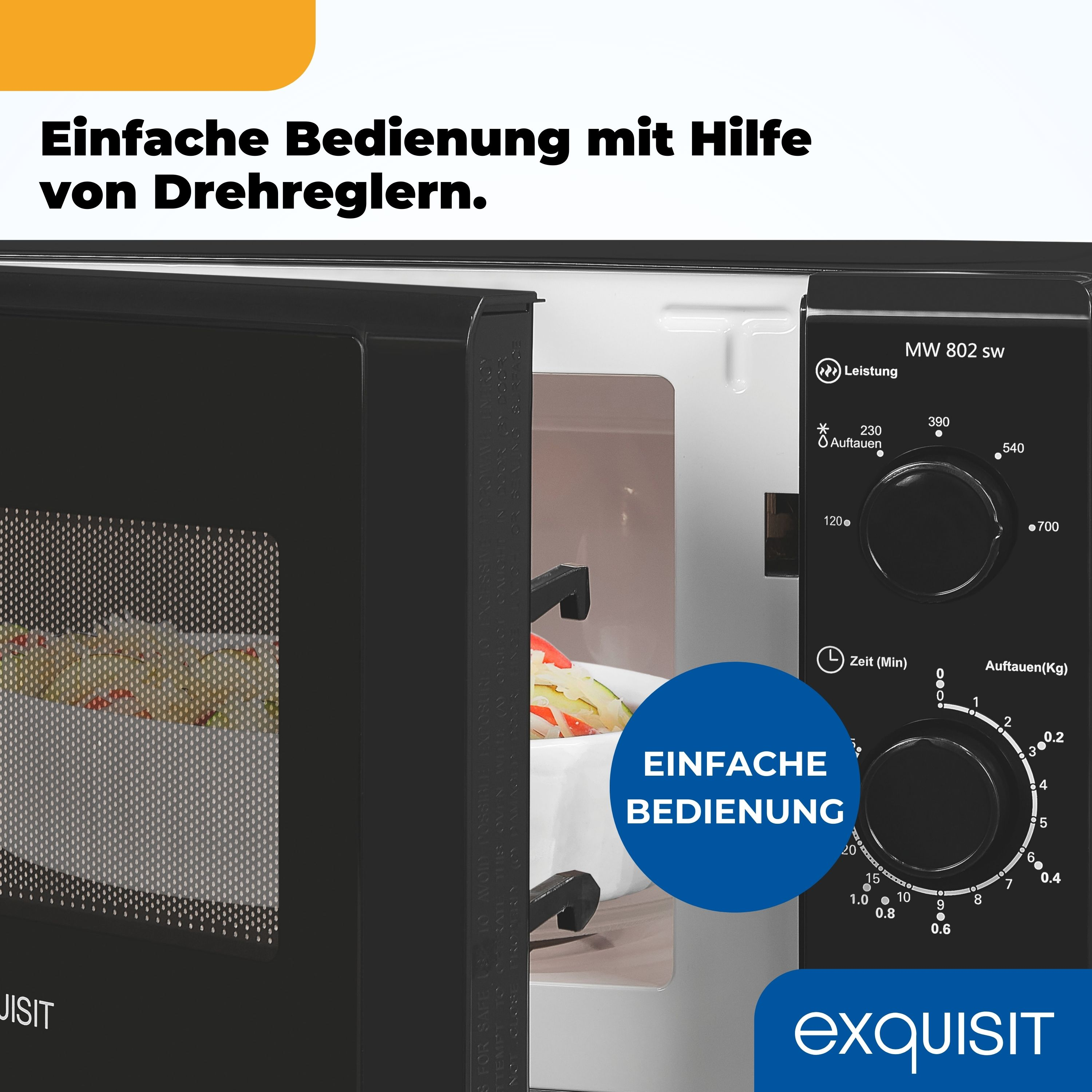 Schwarze Mikrowelle mit offener Tür. Text: Einfache Bedienung mit Hilfe von Drehreglern.