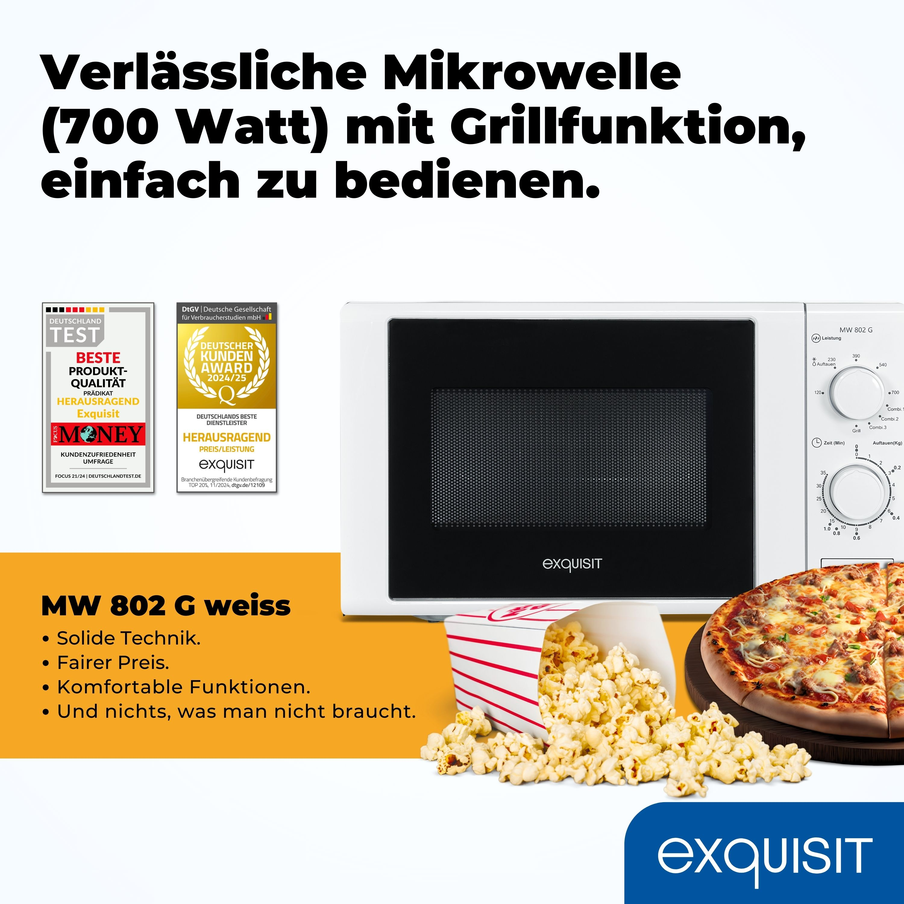 Eine weiße Mikrowelle mit schwarzer Tür, Popcorn und Pizza. Text auf Deutsch ist sichtbar.