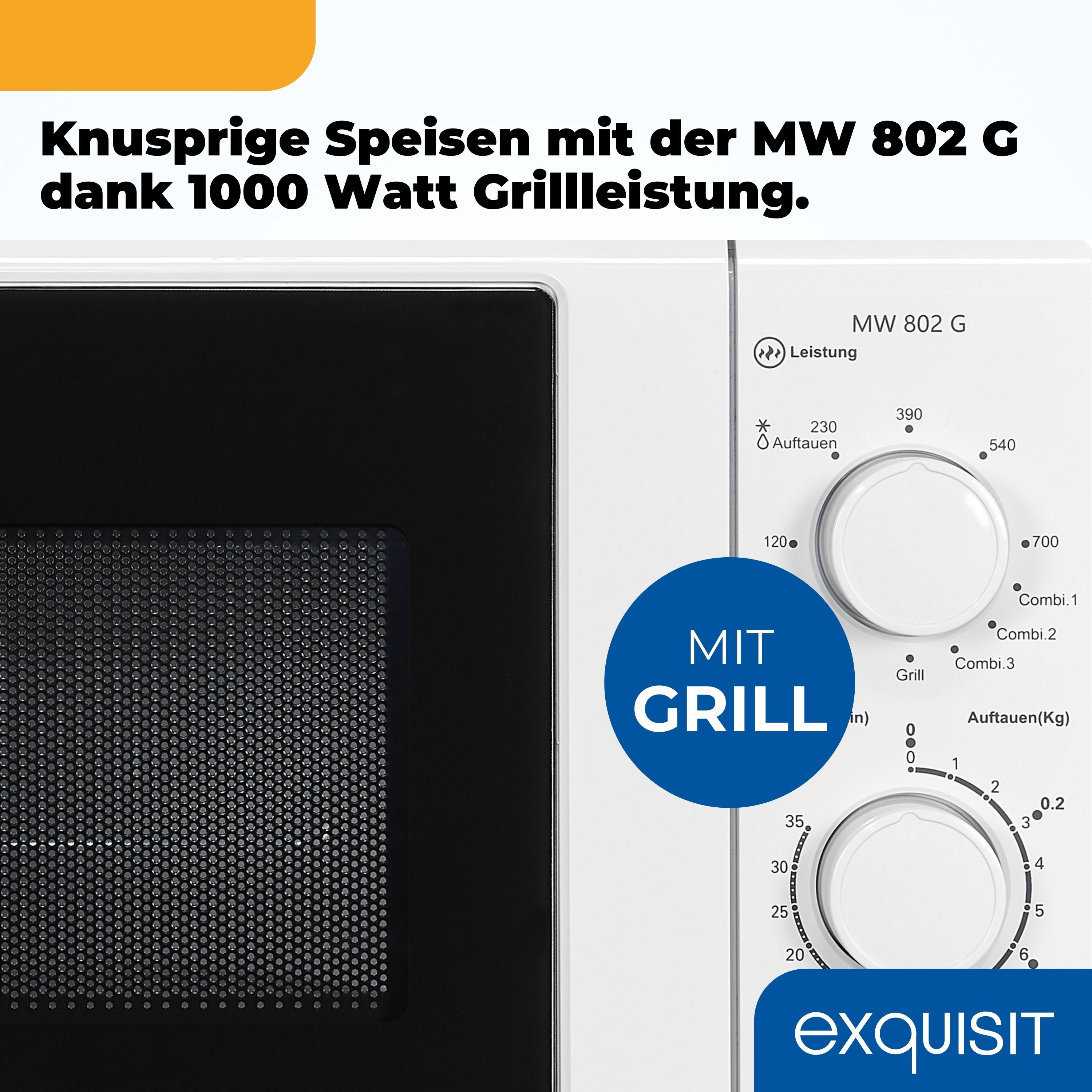 Weißer Mikrowellenherd mit schwarzer Tür. Text sagt 'MIT GRILL'.