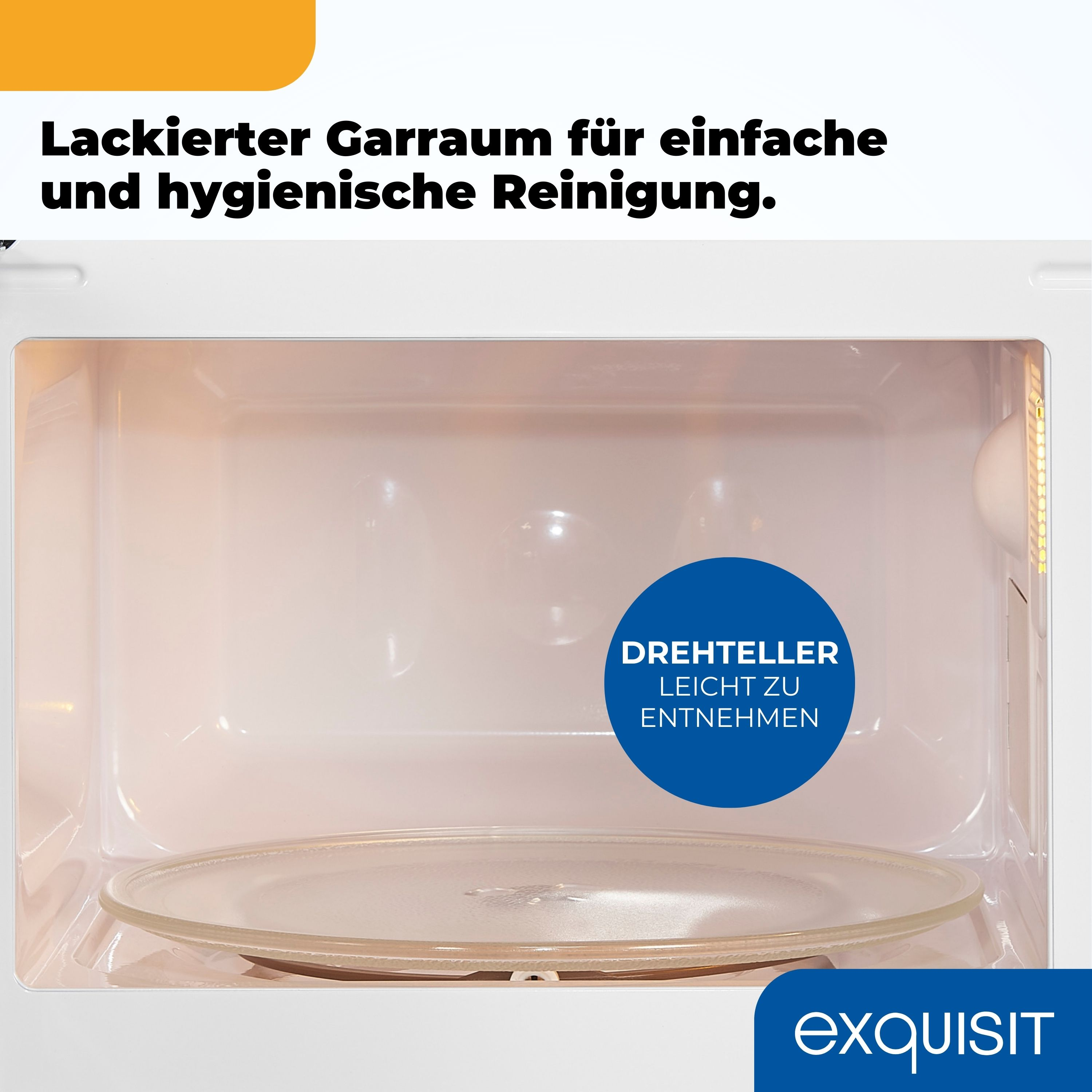 In einer Mikrowelle mit Glasplatte. Text weist auf einfache Entfernung des Drehtellers hin.