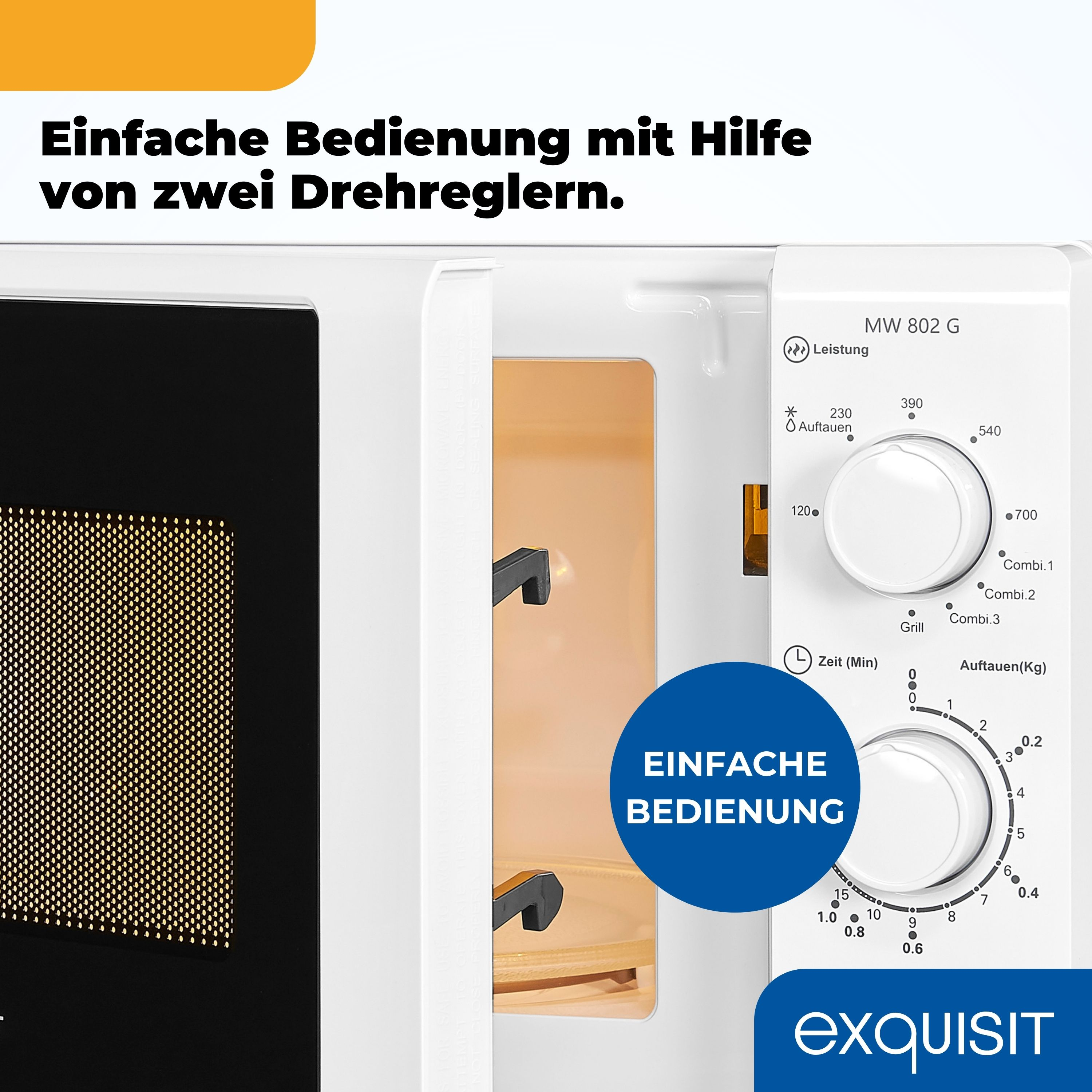 Eine Mikrowelle mit Bedienknöpfen und offener Tür, die den Innenraum zeigt.