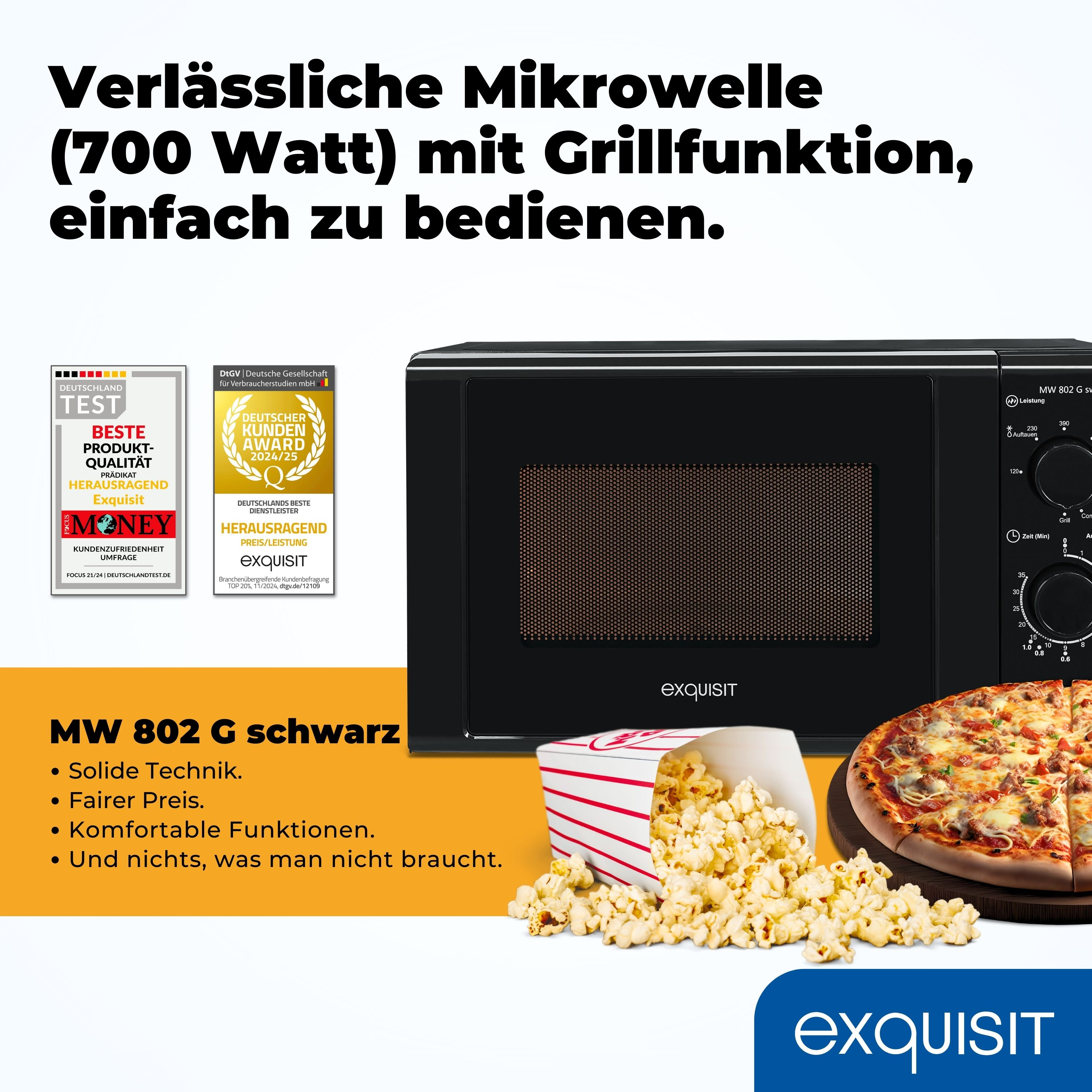 Schwarzer Mikrowellenherd mit Popcorn, Pizza und Auszeichnungen. Es hat ein digitales Display und Produktinformationen.