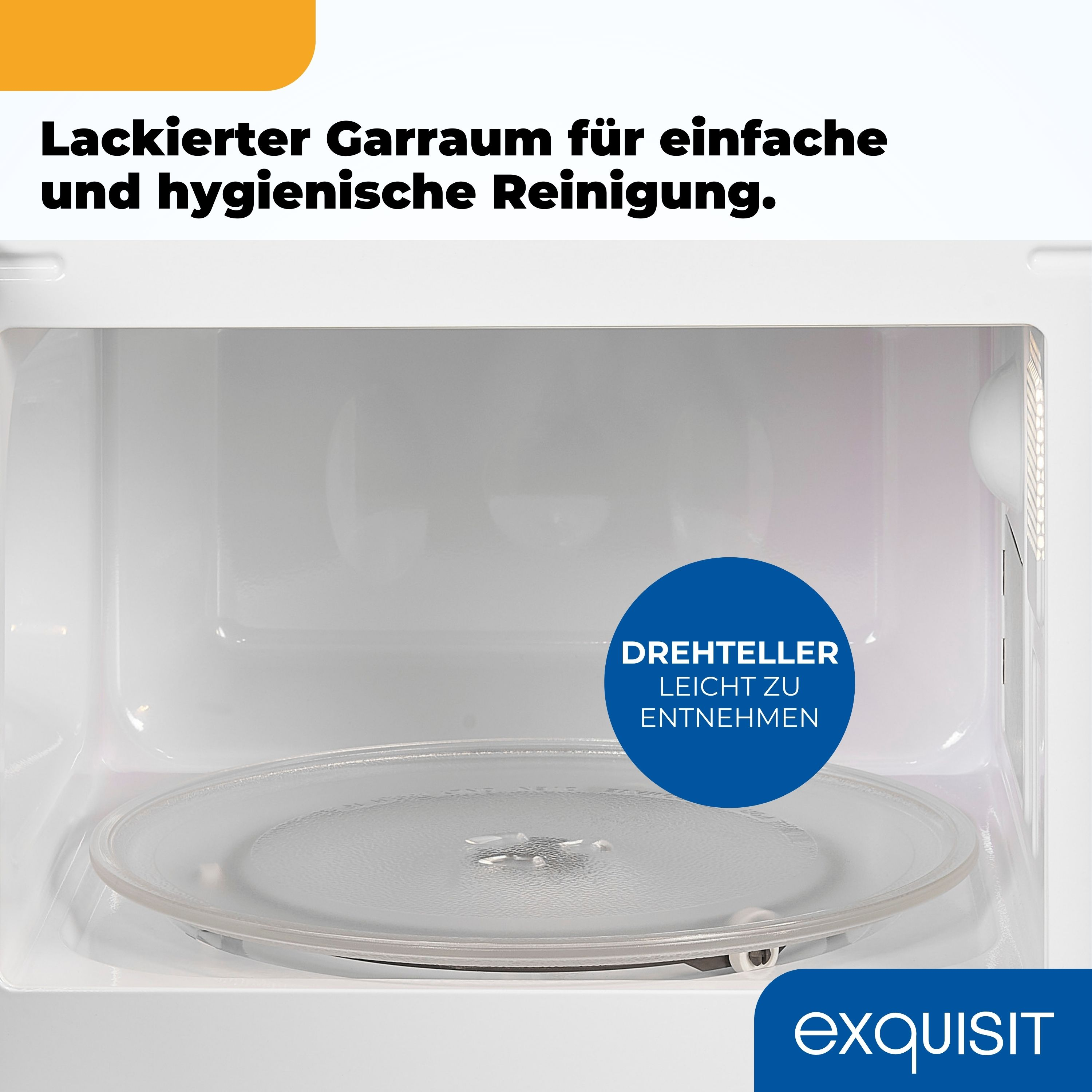 Innerhalb einer weißen Mikrowelle mit einer rotierenden Glasplatte. Die Platte ist herausnehmbar. Der Text sagt: leicht zu entfernen.