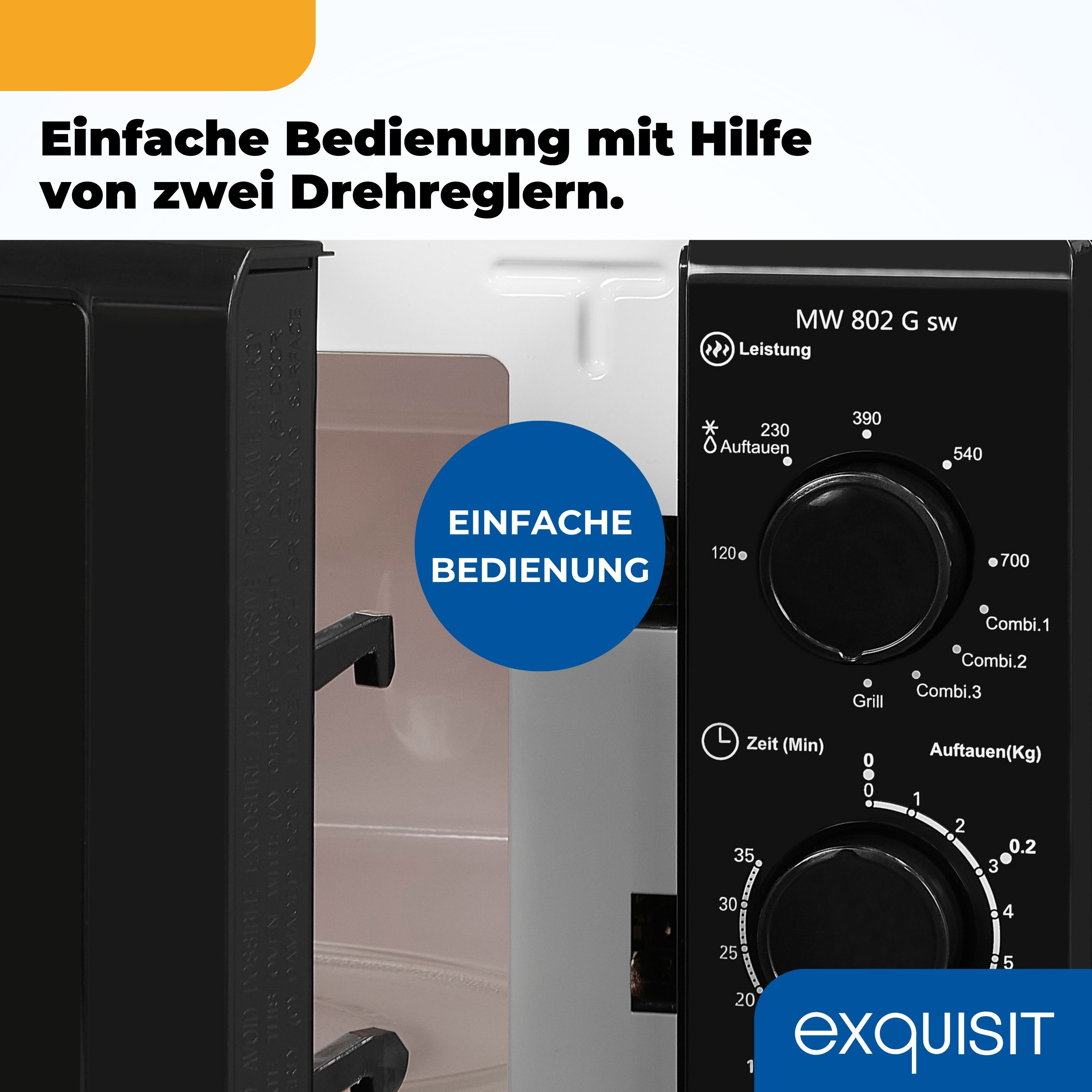 Ein Mikrowellenherd mit zwei Bedienknöpfen auf der Frontplatte. Die Backofentür ist offen.