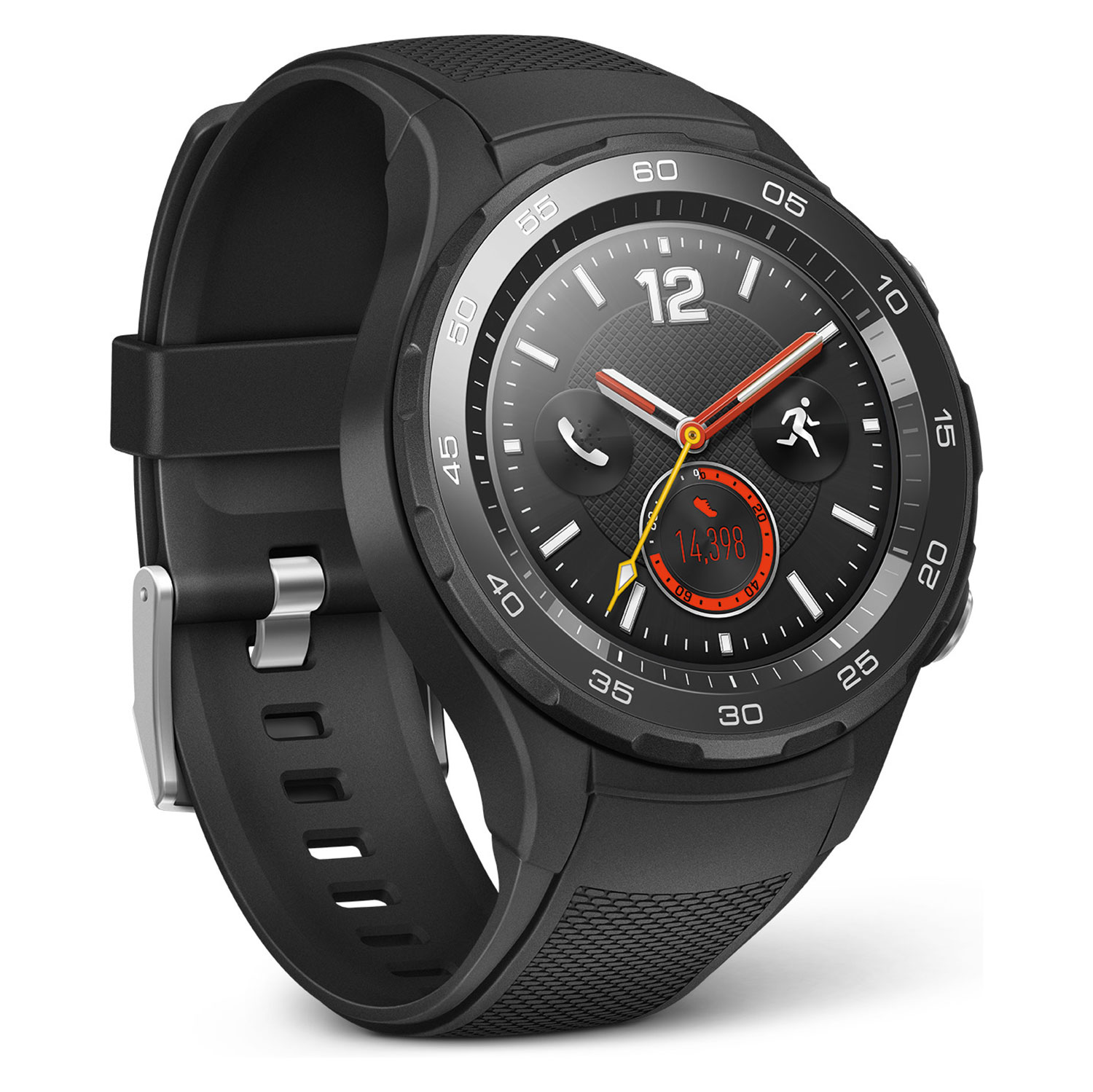 Schwarze Smartwatch mit schwarzem Armband, zeigt ein Zifferblatt.