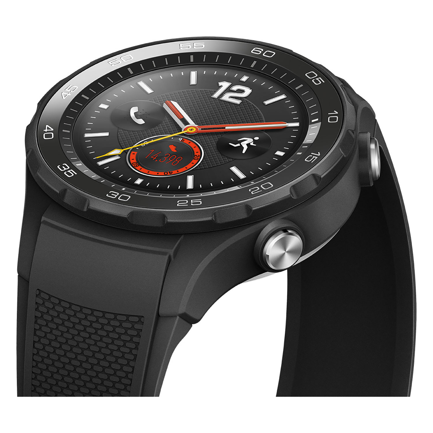 Schwarze Smartwatch mit rundem schwarzem Zifferblatt, das Zeit und Metriken anzeigt. Schwarzes Armband, silberne Lünette.