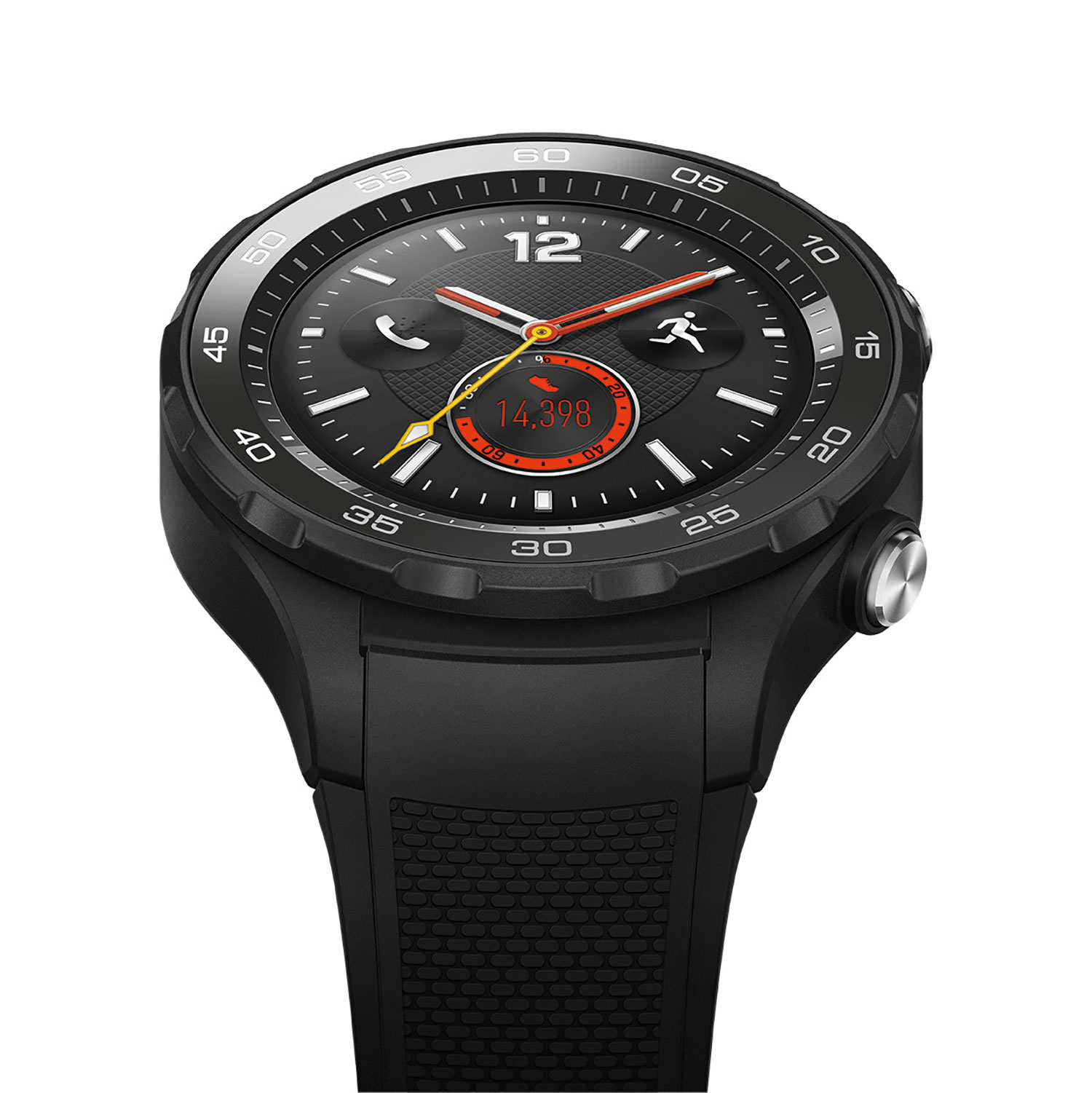 Schwarze Smartwatch mit rundem Zifferblatt. Zeigt Zeit, Herzfrequenz und ein Läufer-Symbol.