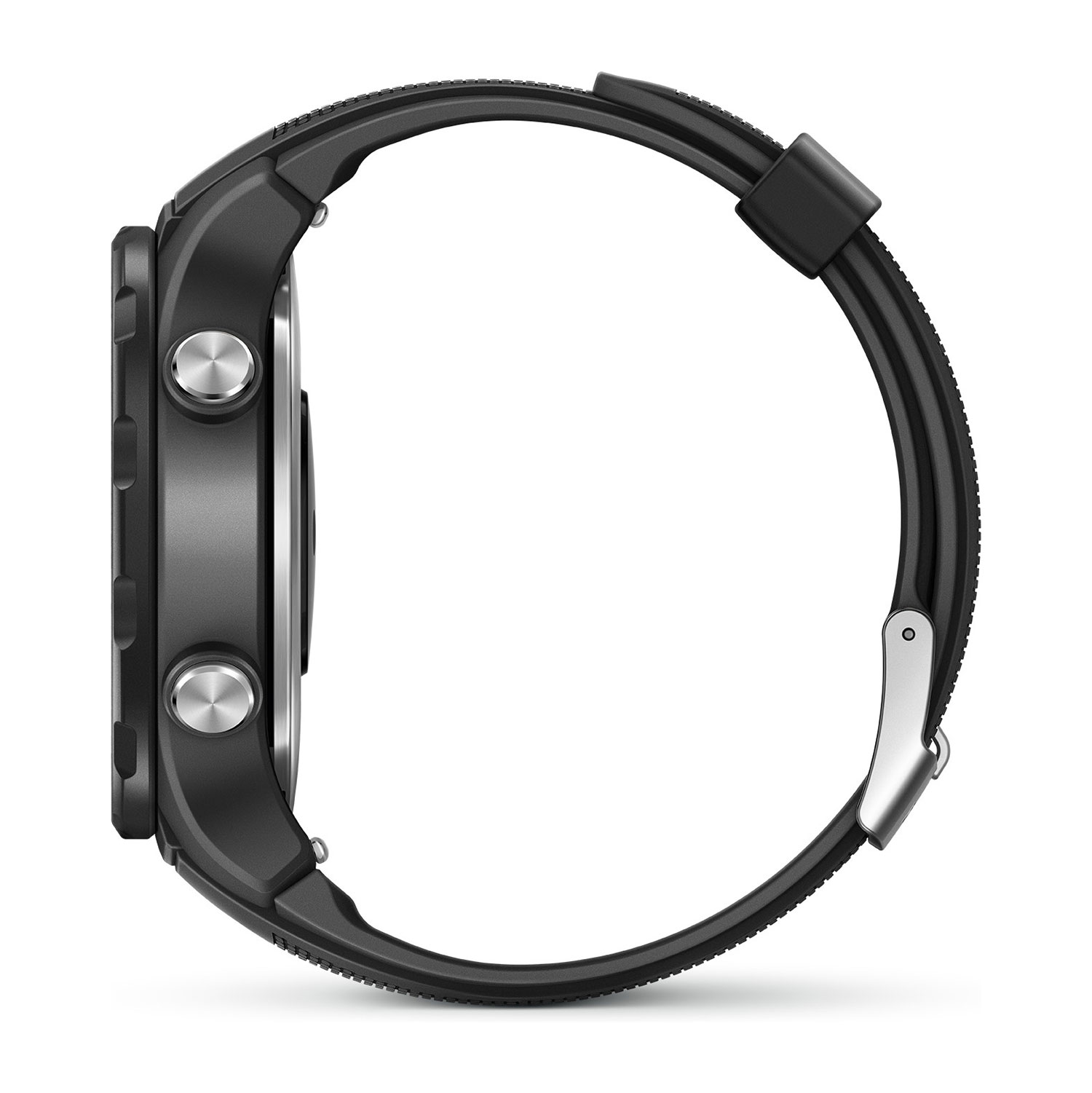 Eine schwarze Smartwatch, Seitenansicht, mit schwarzem Armband und zwei Knöpfen an der Seite.