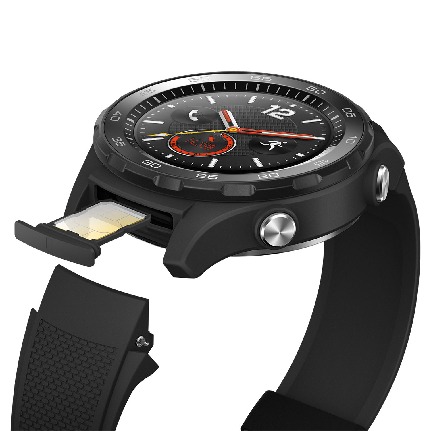 Schwarze Smartwatch mit offenem SIM-Karten-Slot.