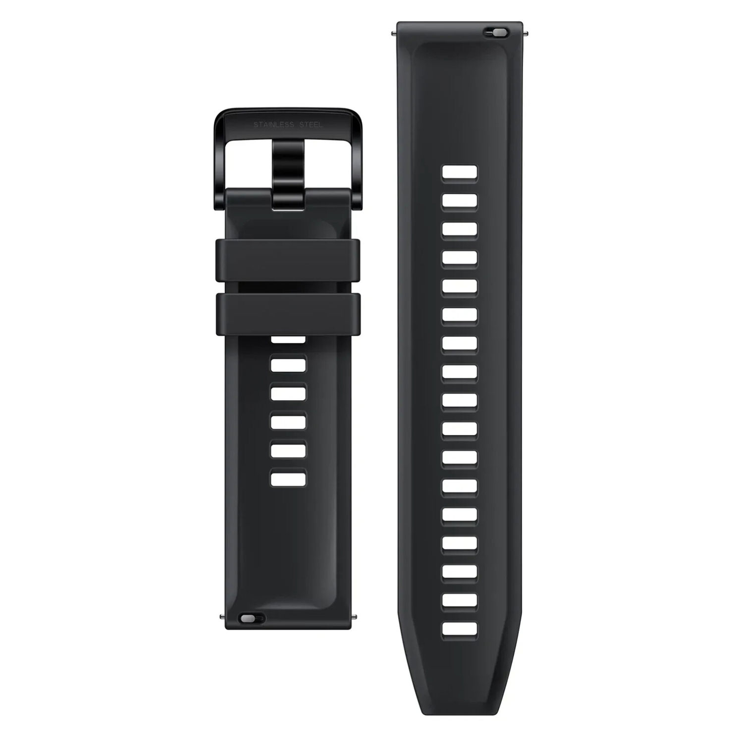 Zwei schwarze Uhrenarmbänder mit einer Edelstahlschnalle, die auf einer weißen Oberfläche liegen.