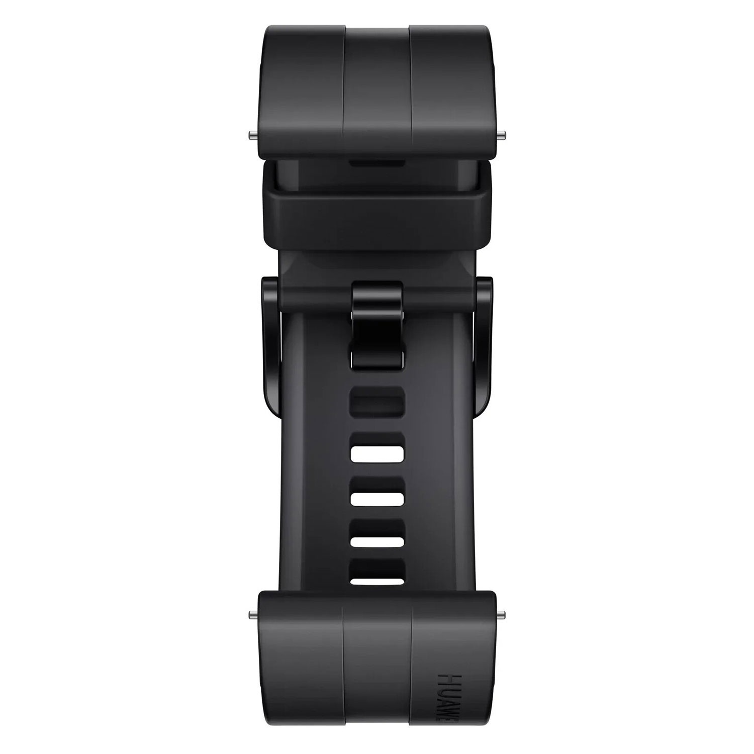 Schwarzes Smartwatch-Armband mit Verschluss, mit Huawei-Logo am Riemen.