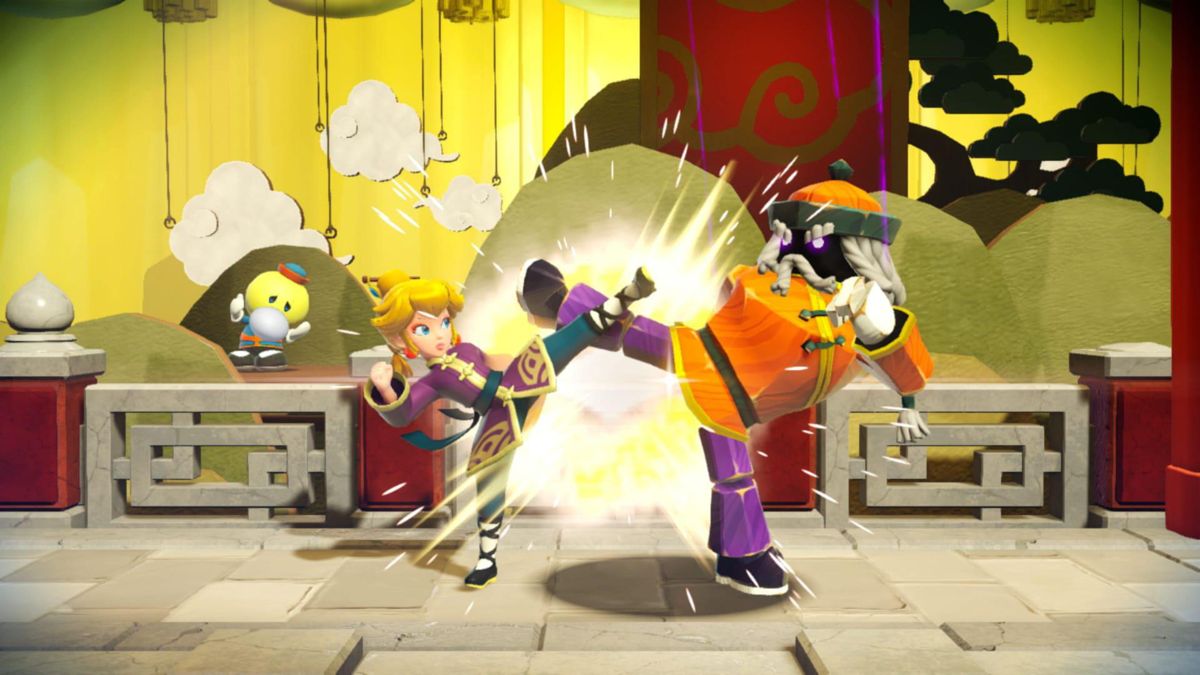 Scena walki z kreskówki. Postać żeńska kopiąca postać męską. Żółte i czerwone tło.