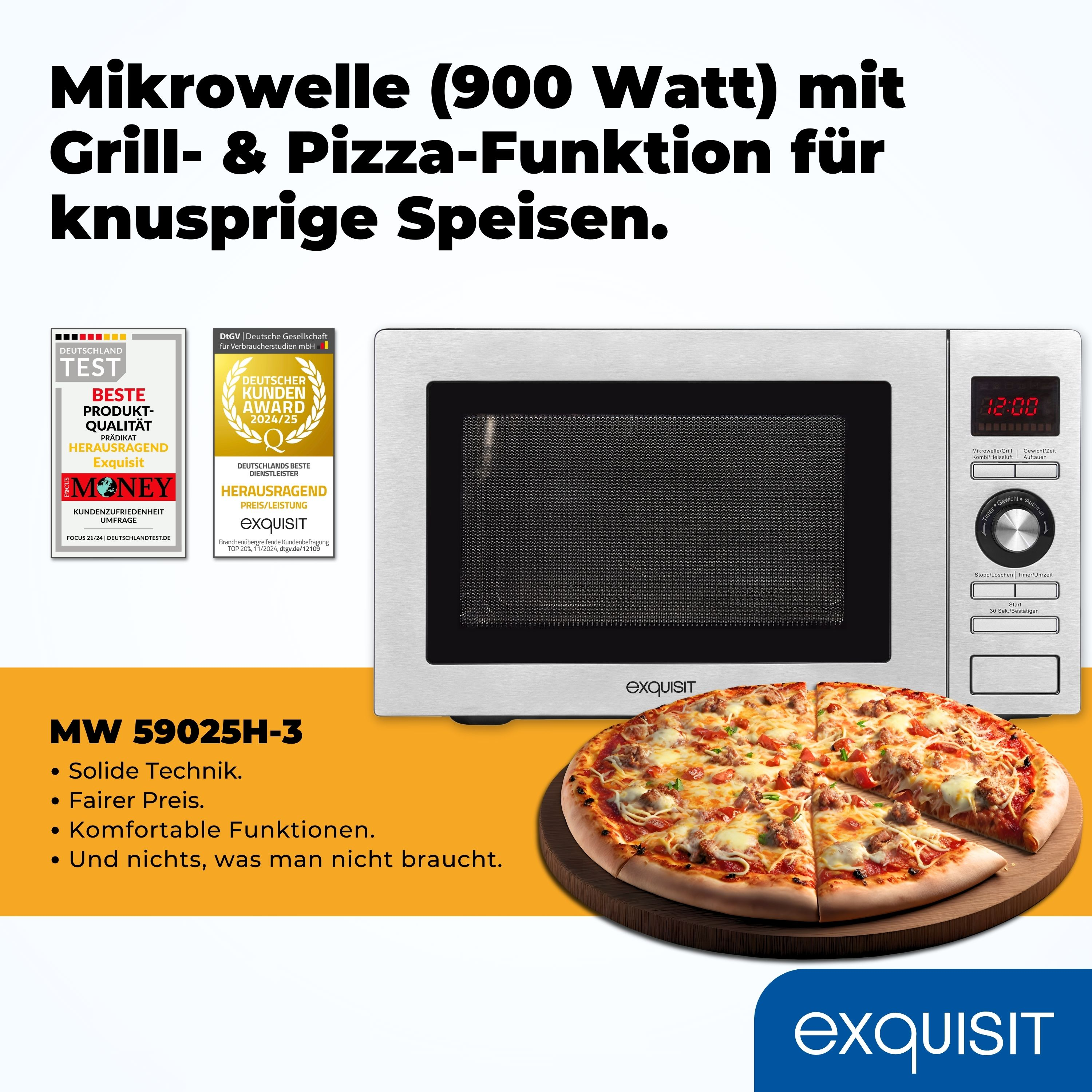 Mikrowelle mit Pizza, Auszeichnungen und Text auf der Vorderseite. Silberne Mikrowelle mit Digitaluhr.