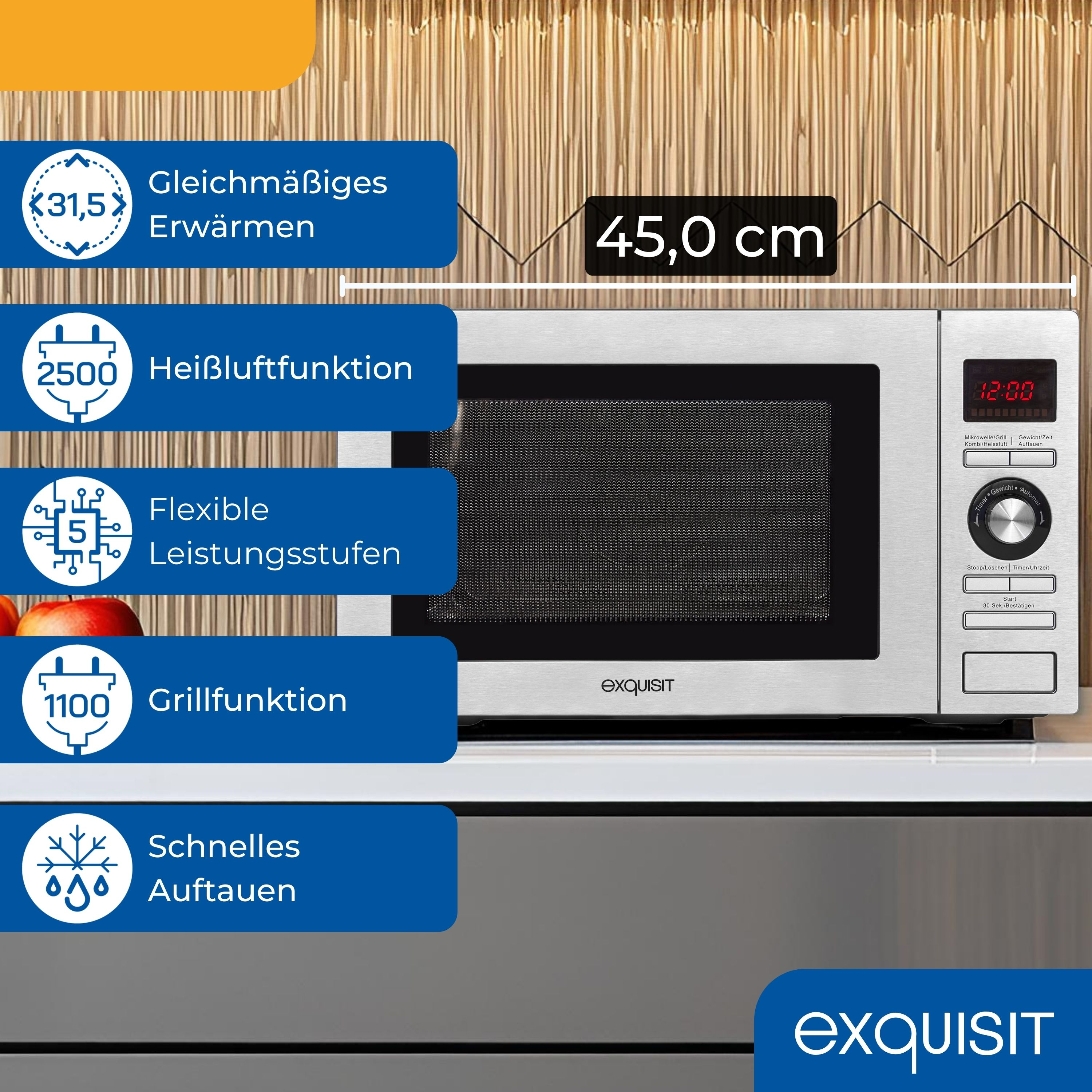 Eine silberne Mikrowelle mit Digitaluhr, zeigt Funktionen wie Heizen und Grillen.