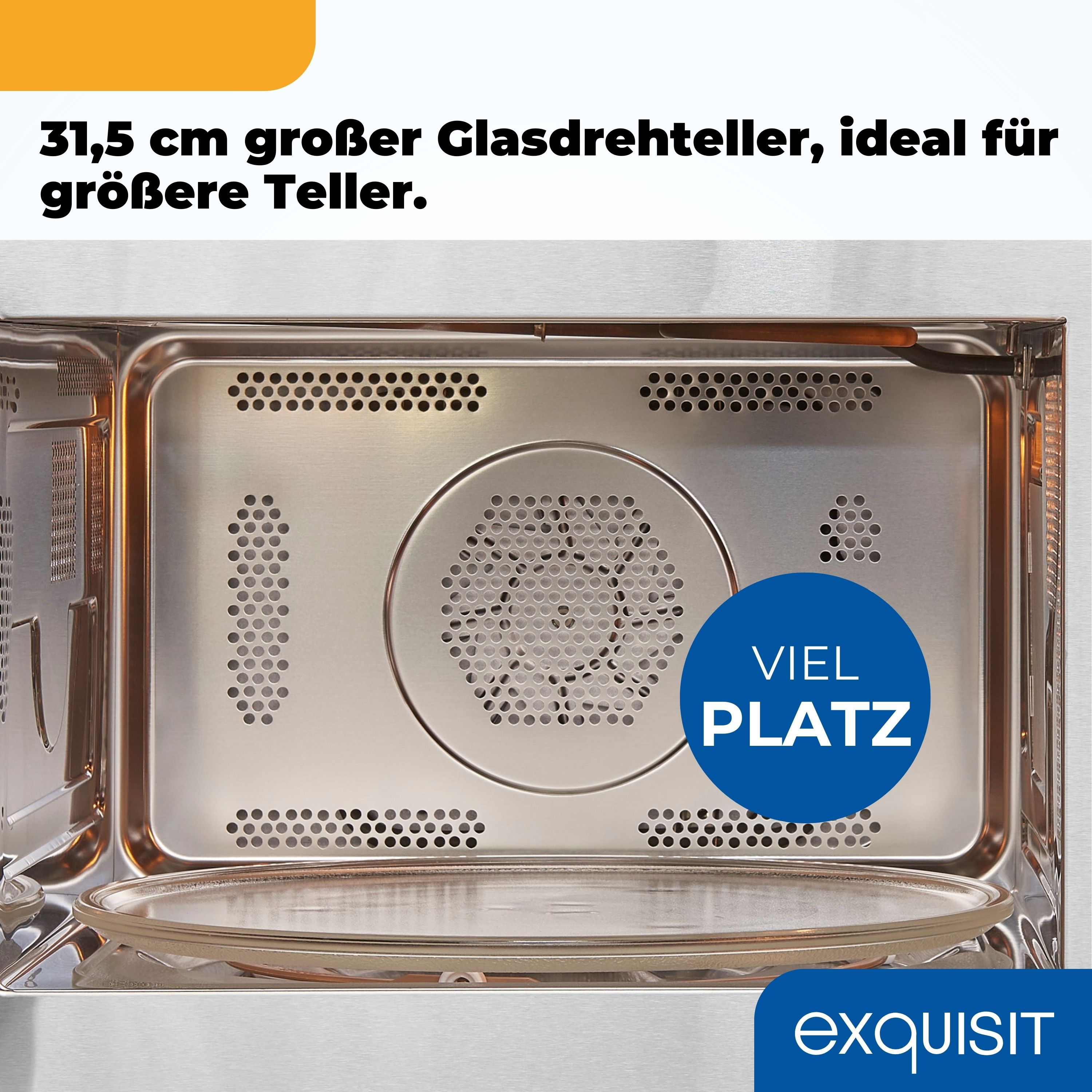 Mikrowelleninnenraum mit Glasdrehteller, blauer Text 'VIEL PLATZ'.