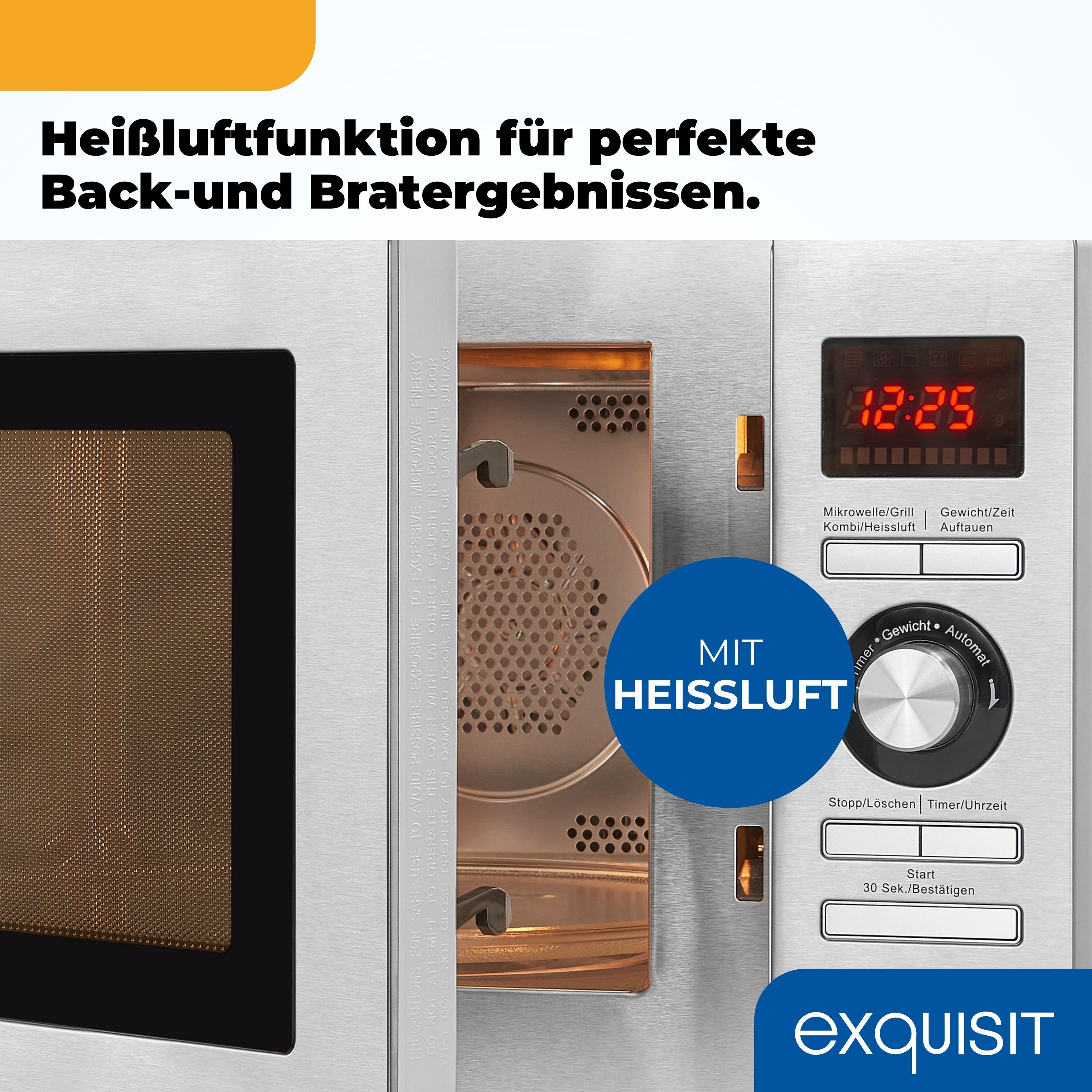 Silberner Mikrowellenherd mit Text auf Deutsch. Er hat eine Digitalanzeige mit 12:25.