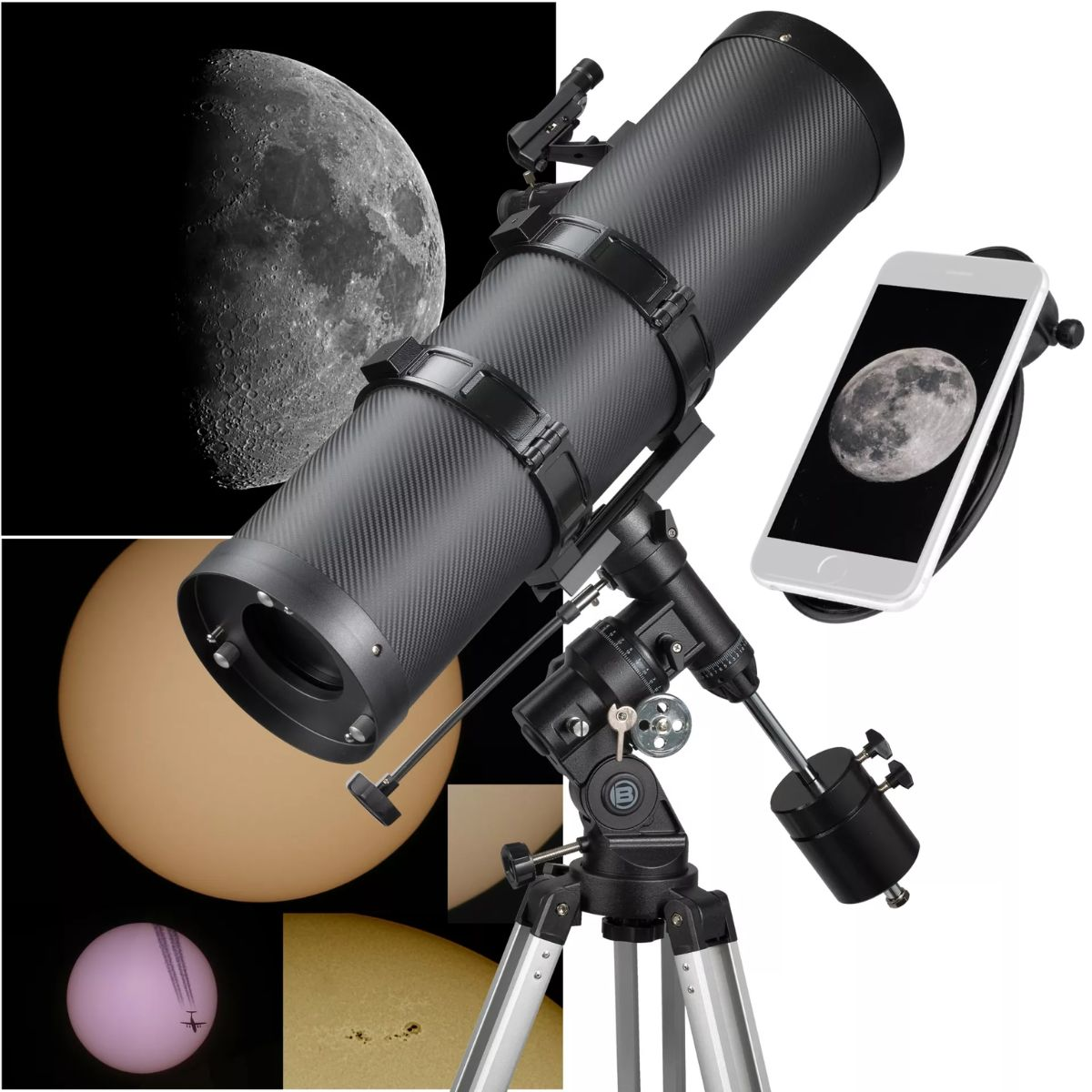 Teleskop mit Mond- und Sonnenbildern. Smartphone mit Mondbild angebracht. Sonnenflecken sichtbar.