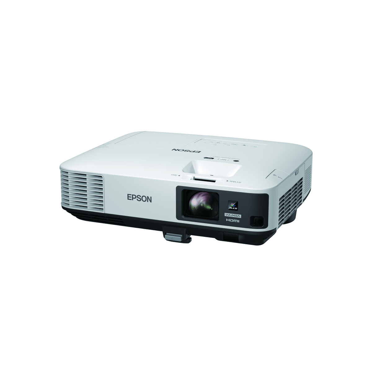 Proyector Epson blanco sobre fondo blanco. Tiene puerto HDMI y lente.