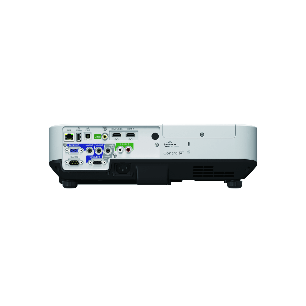 El panel trasero de un proyector. Tiene varios puertos y conexiones.