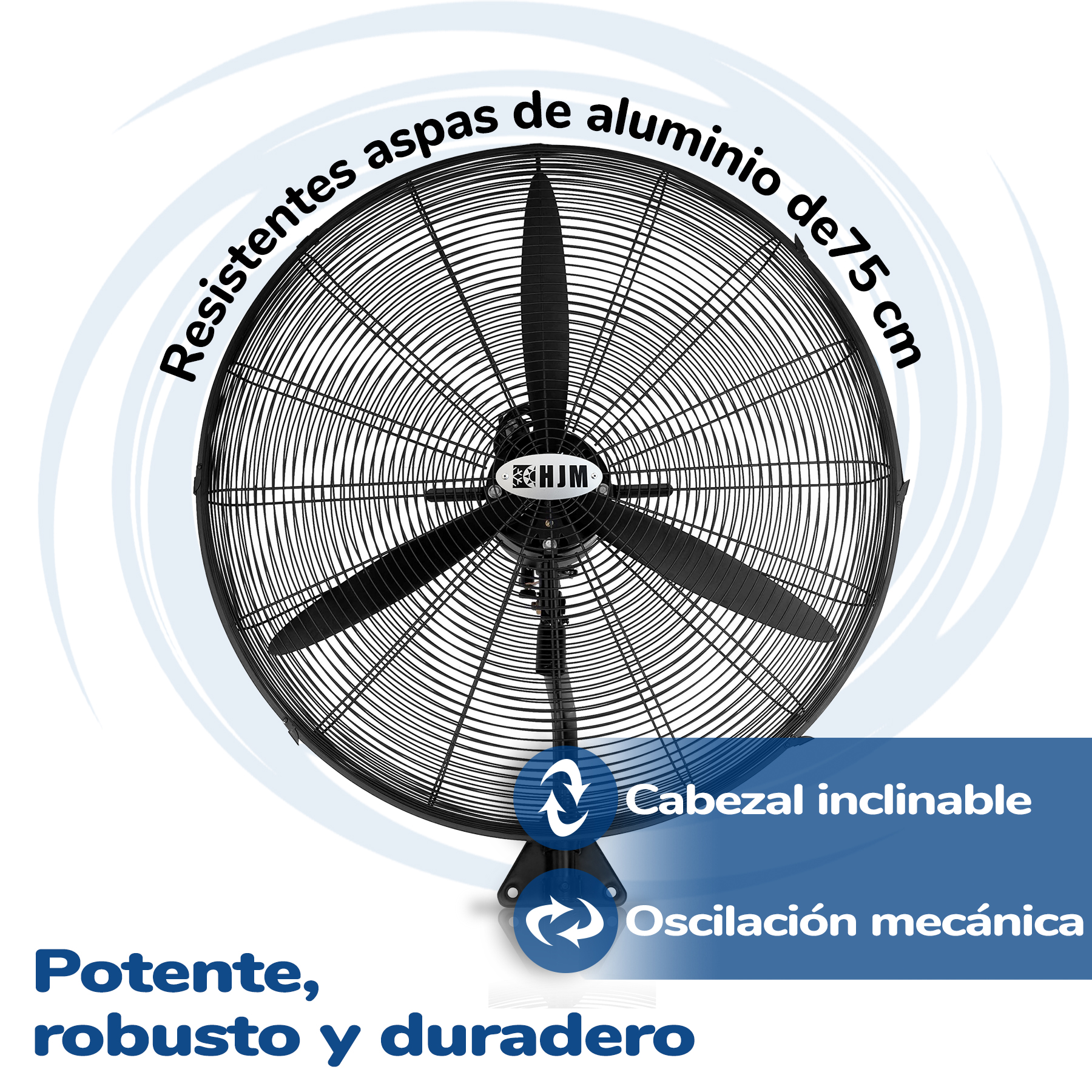 Ventilador industrial negro con tres aspas y texto en español.