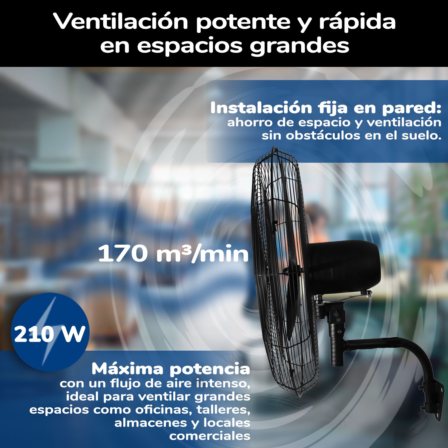 Ventilador industrial negro con texto sobre ventilación potente y rápida.
