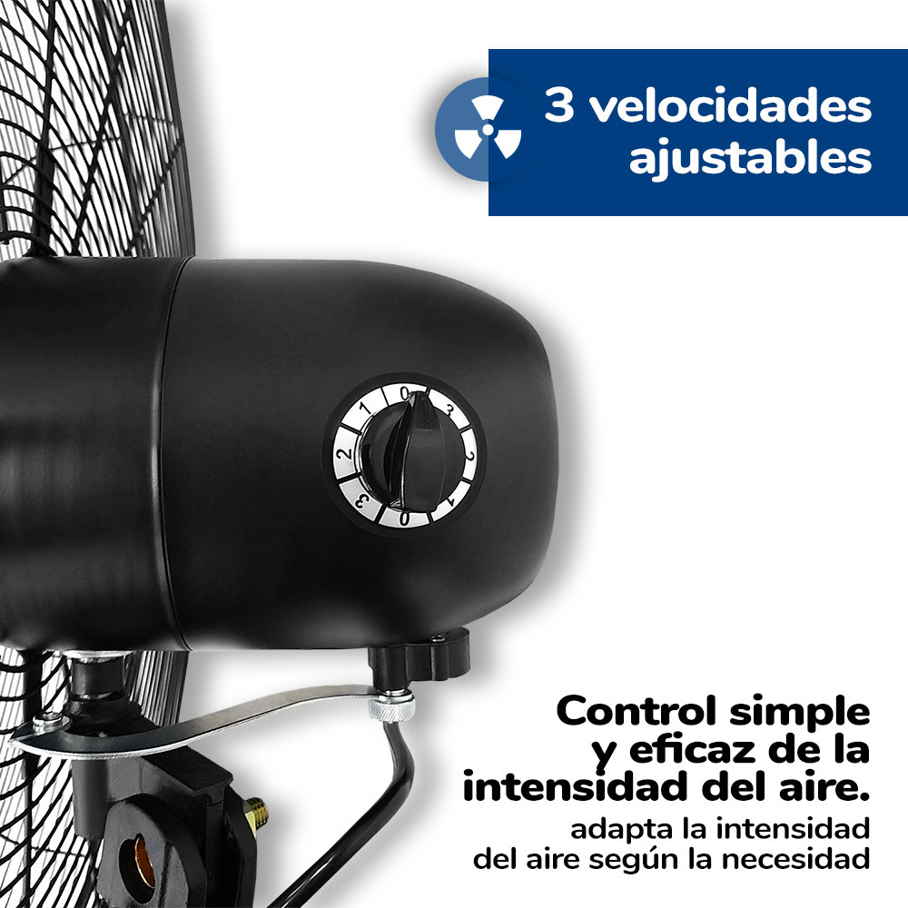 Ventilador negro con velocidades ajustables, dial de control.