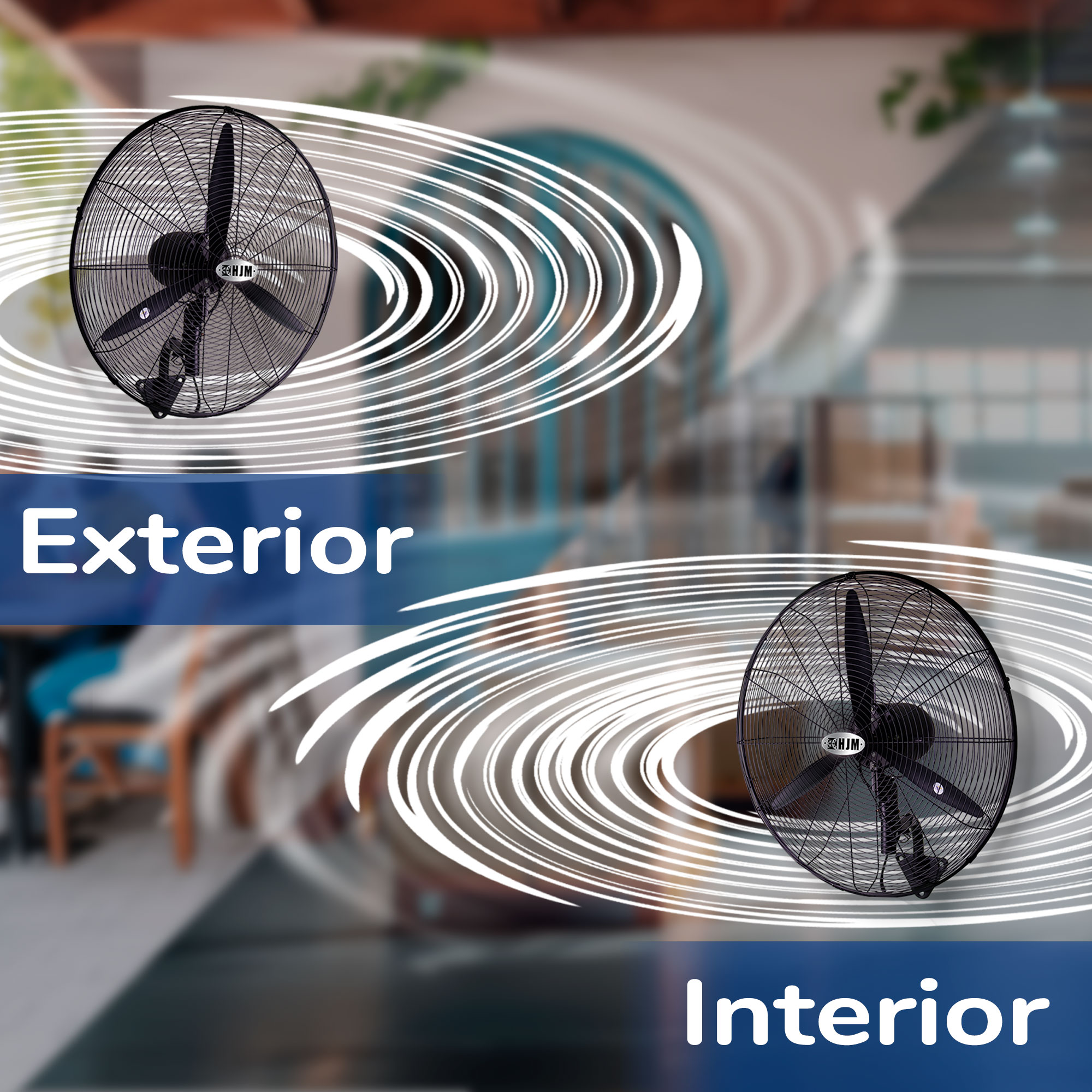 Dos ventiladores negros, uno exterior, uno interior, con líneas blancas en espiral, en un fondo borroso.
