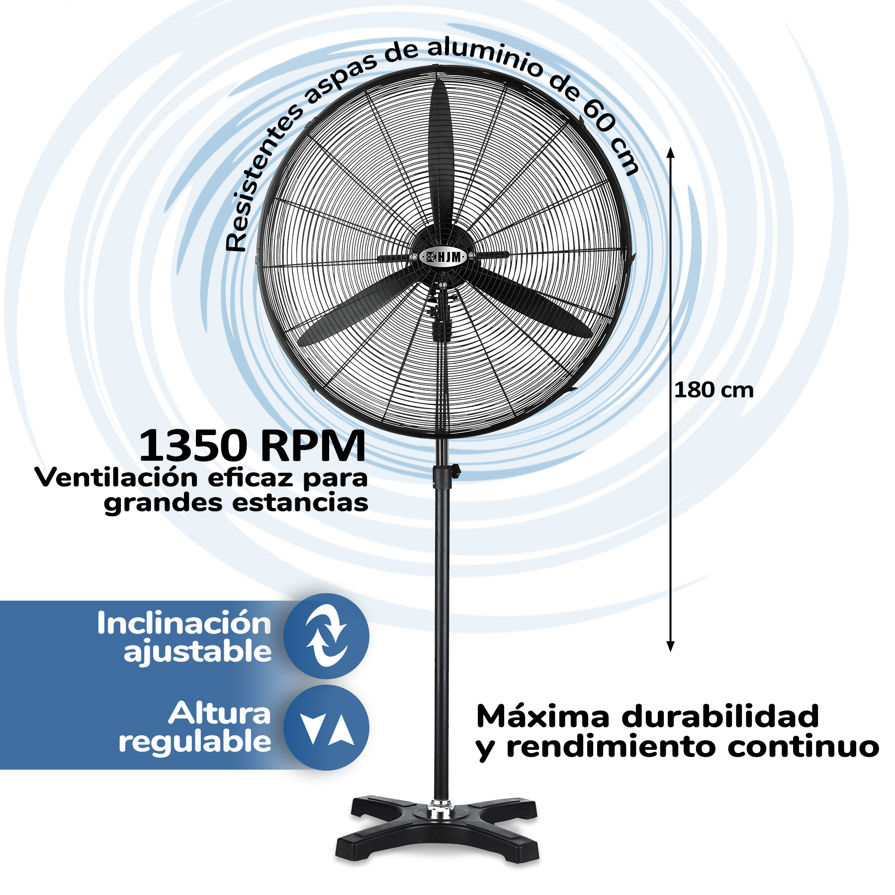 Ventilador industrial negro con tres aspas. Texto indica altura y ángulo ajustables.