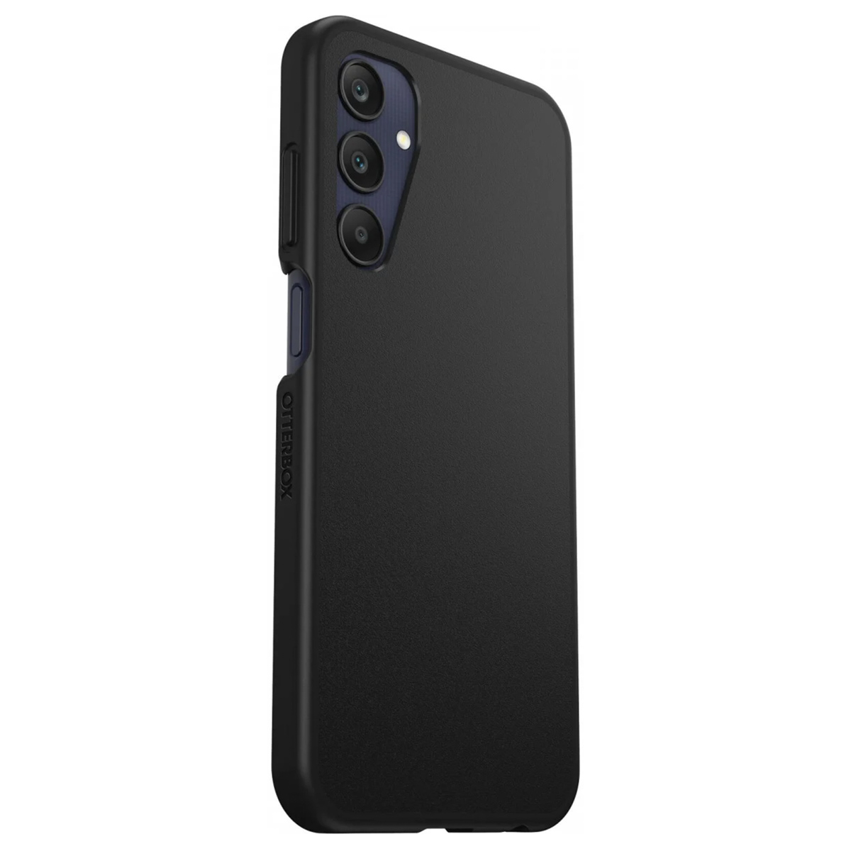 Een zwarte telefoonhoes met een camera-uitstulping, op een witte achtergrond.
