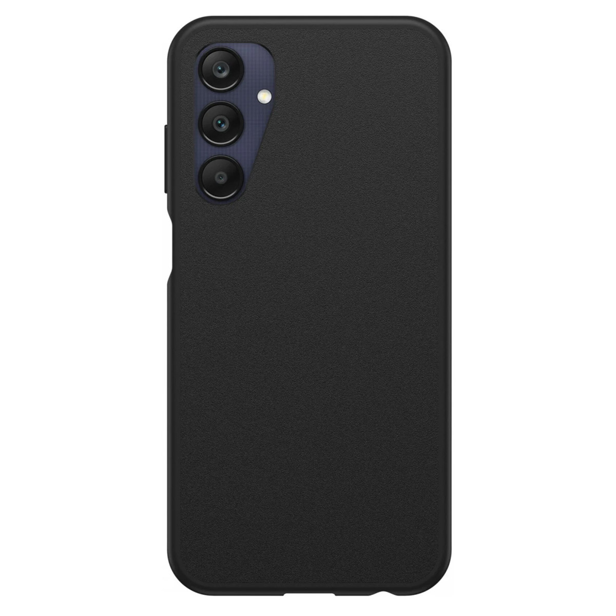 Zwarte smartphone met drie camera's aan de achterkant. De telefoon zit in een zwarte hoes.